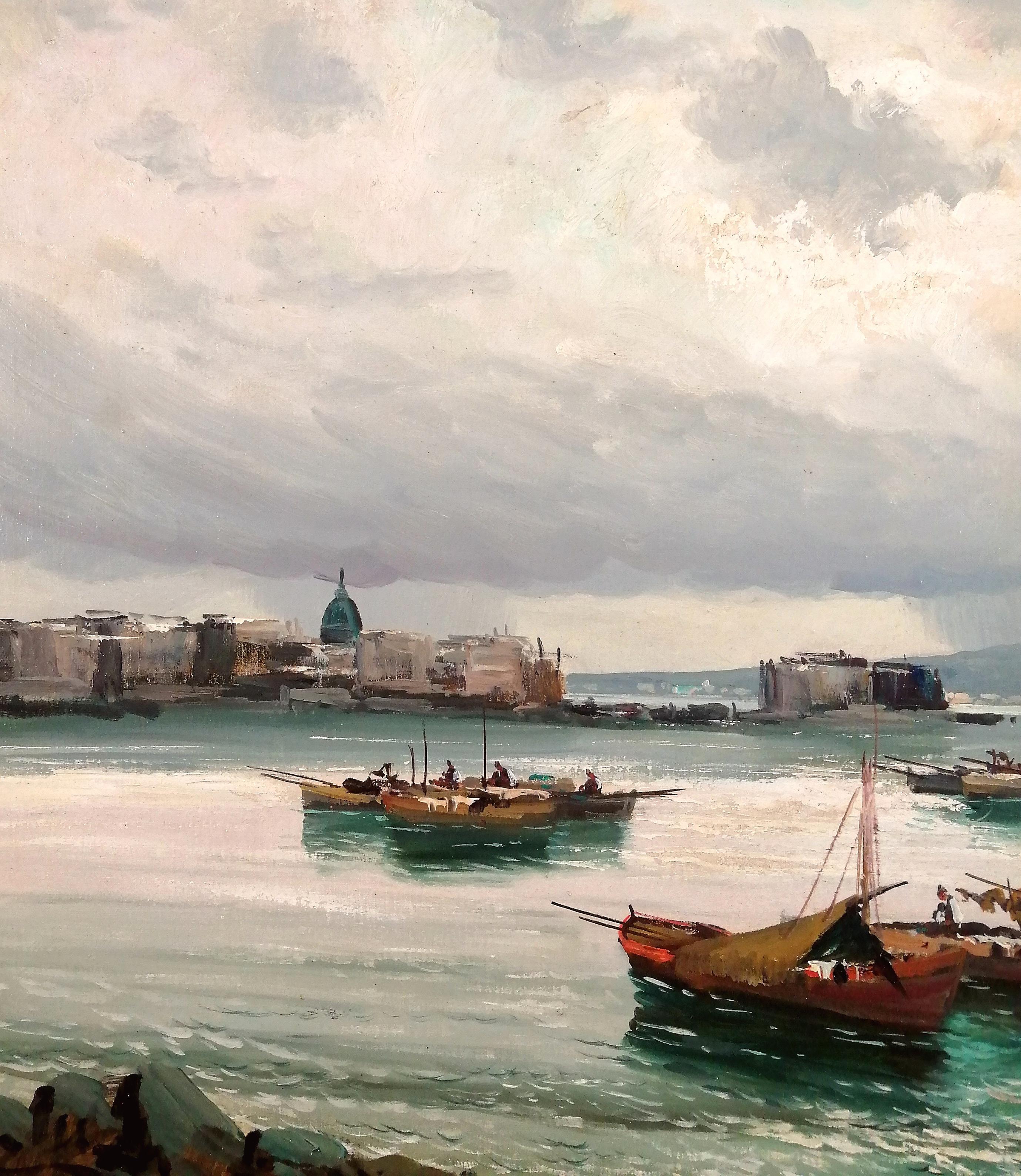 Bay of Naples - Large Mid 20th Century Italian Coastal Seascape Oil Painting For Sale 1
