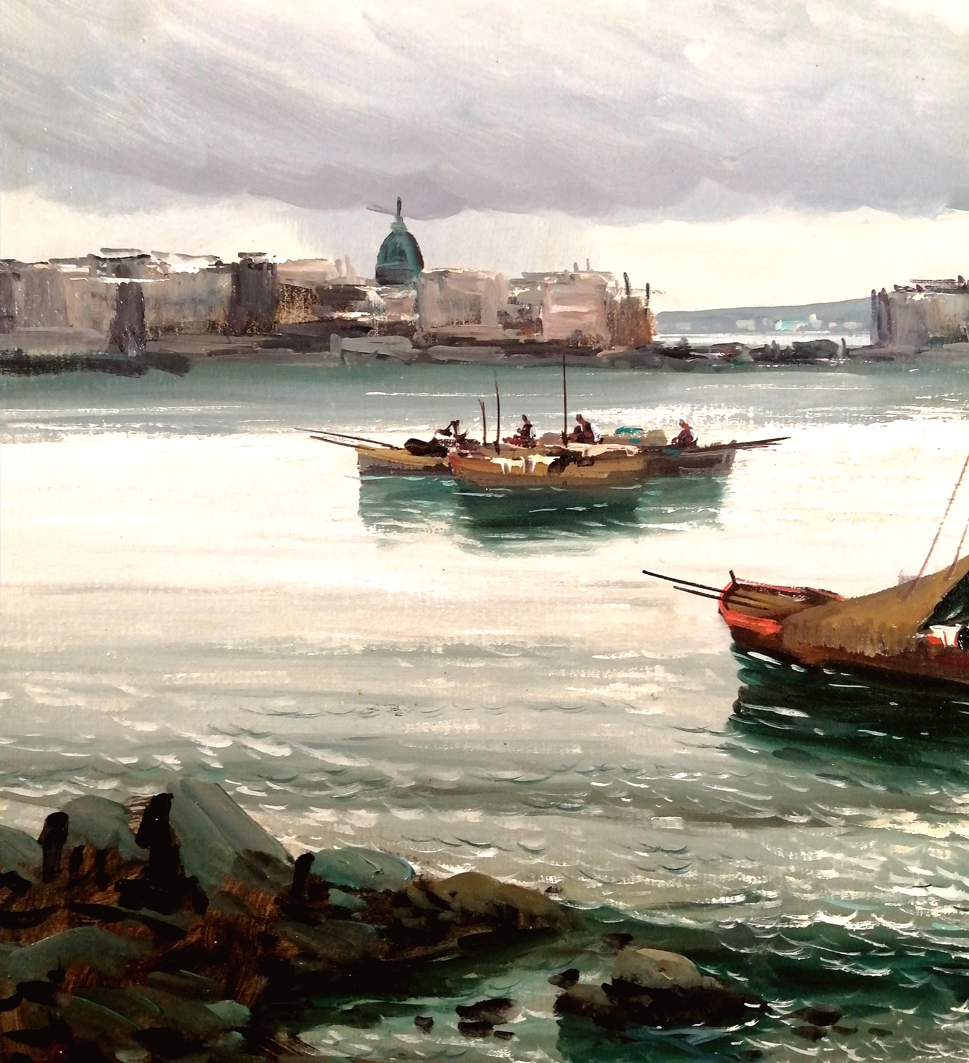 Bay of Naples - Large Mid 20th Century Italian Coastal Seascape Oil Painting For Sale 2