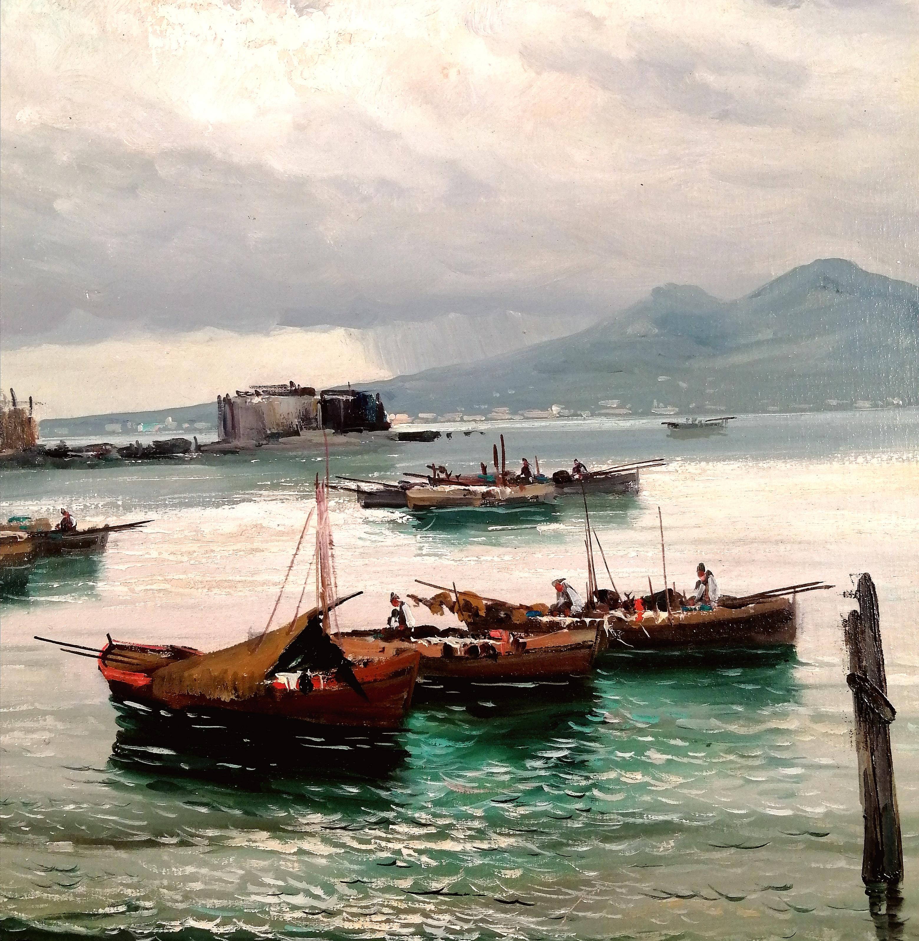 Bay of Naples - Large Mid 20th Century Italian Coastal Seascape Oil Painting For Sale 3