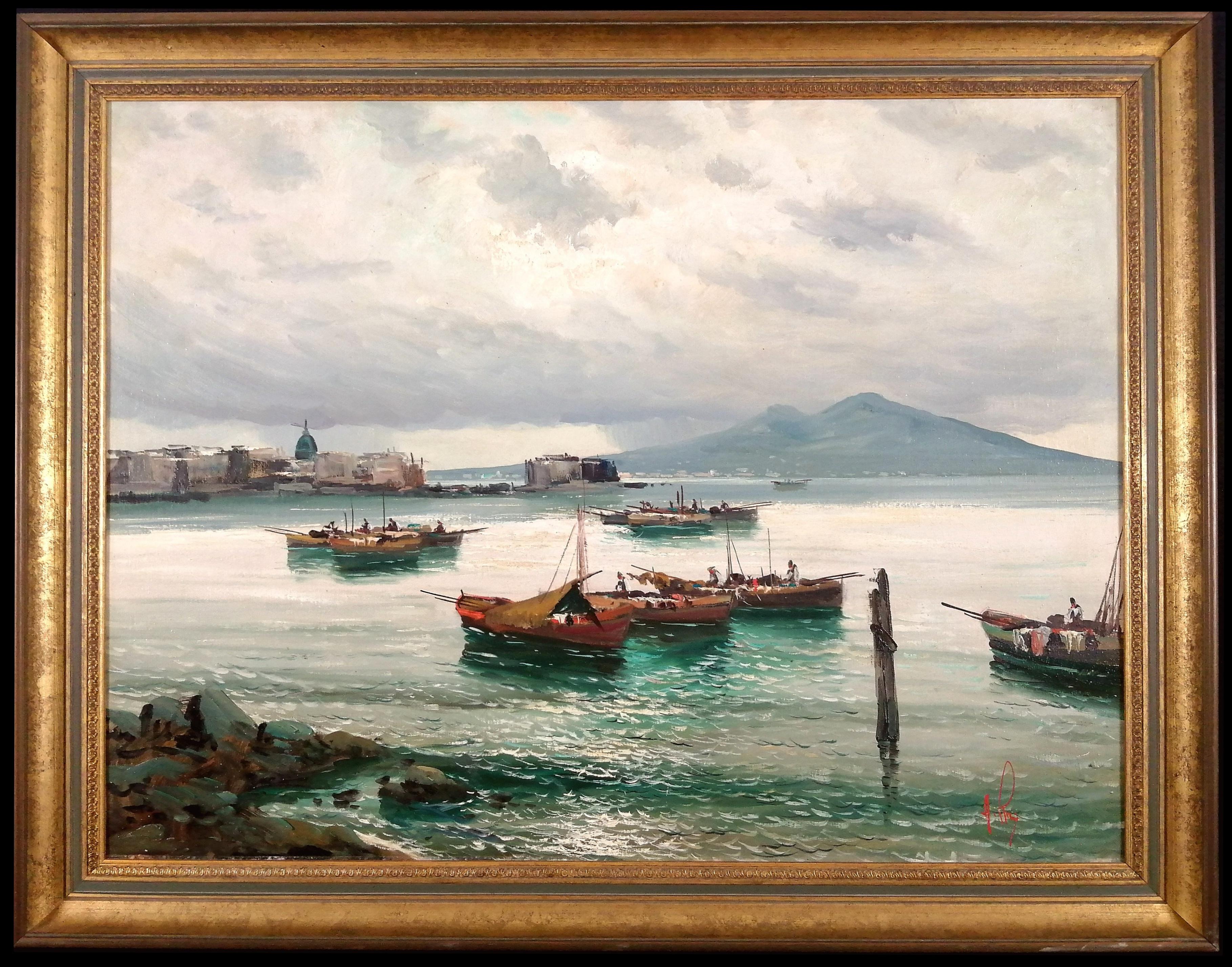 Mid 20th Century Italian School Landscape Painting - Bay of Naples - Large Mid 20th Century Italian Coastal Seascape Oil Painting