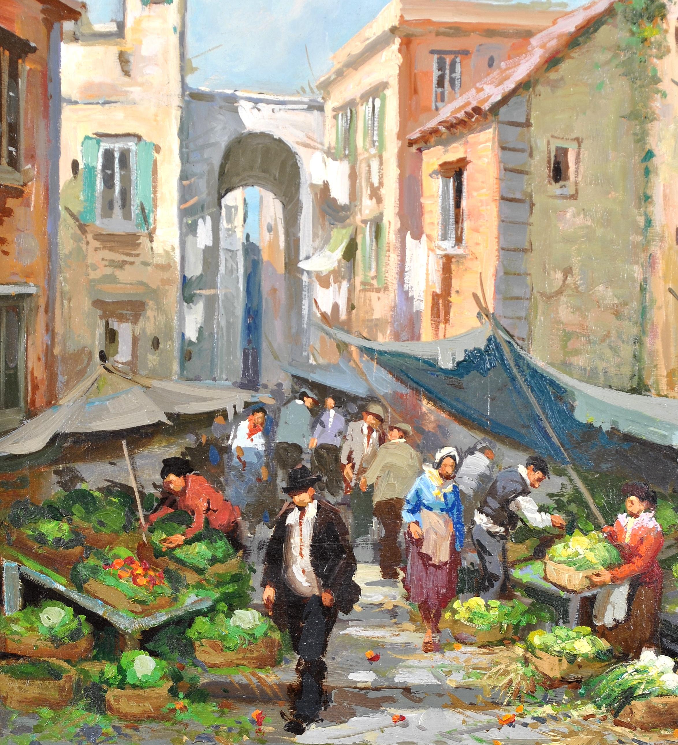 A beautiful mid 20th century Italian oil on board depicting market day in an old town. Superbly painted work with lovely impasto brushwork. Indistinctly signed lower left and presented in a gold frame.

Artist: Italian School, mid 20th