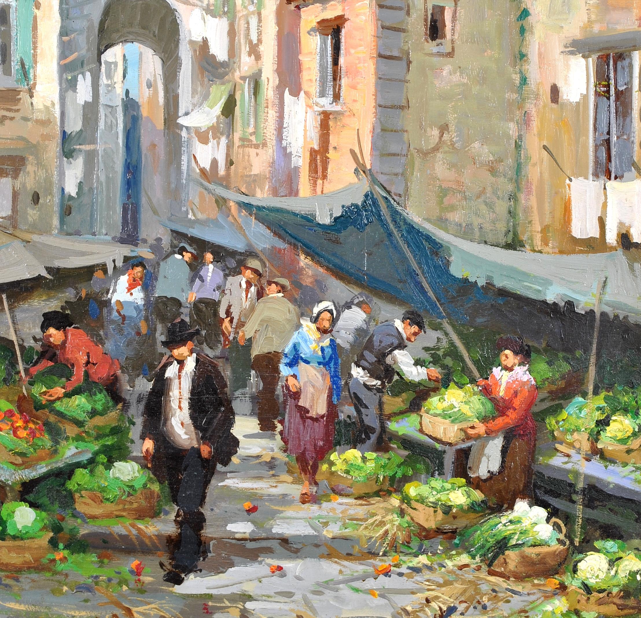 Market Day - Mid 20th Century Italian Impressionist Town Street Oil Painting For Sale 1