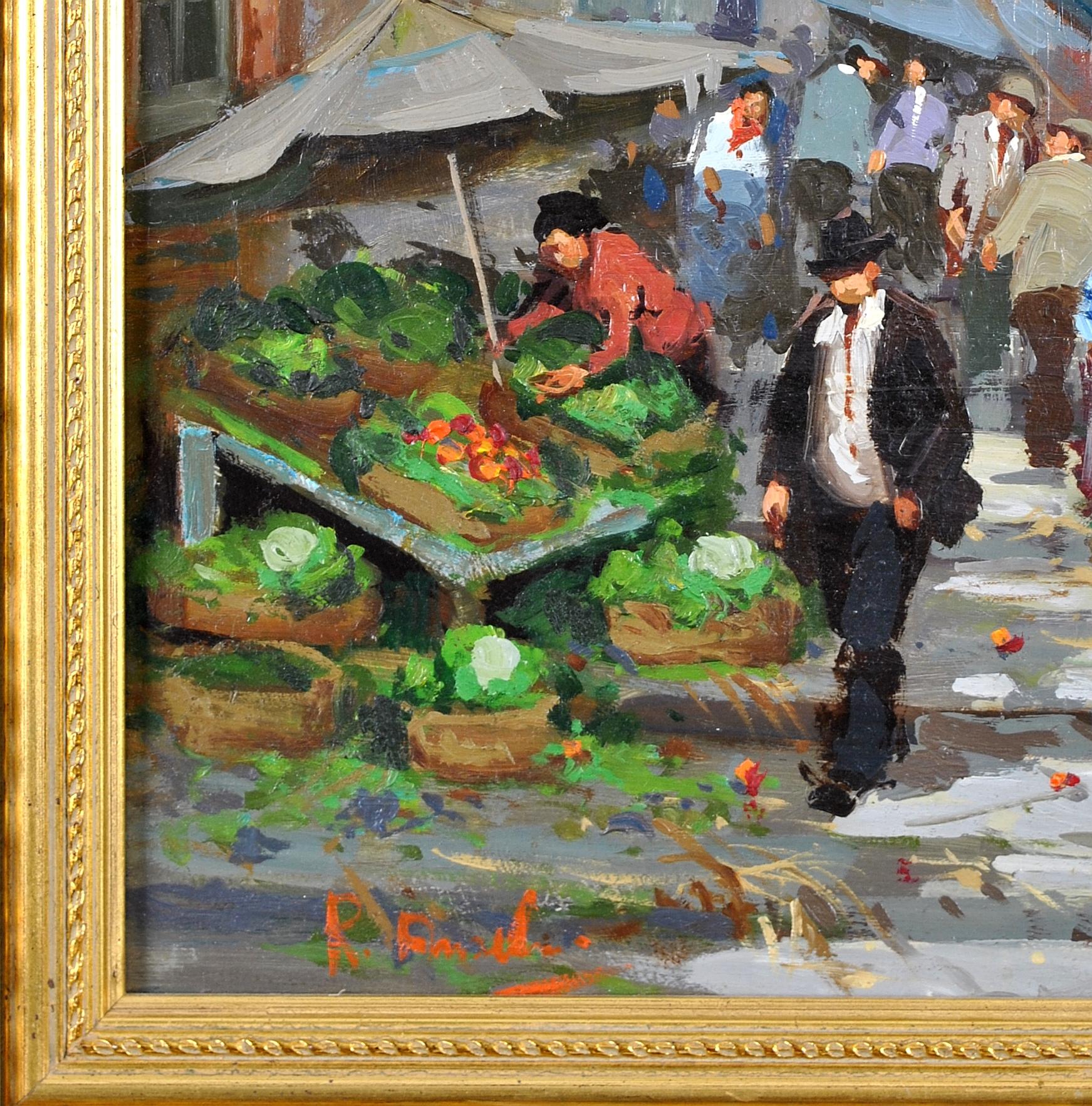 Market Day - Mid 20th Century Italian Impressionist Town Street Oil Painting For Sale 2