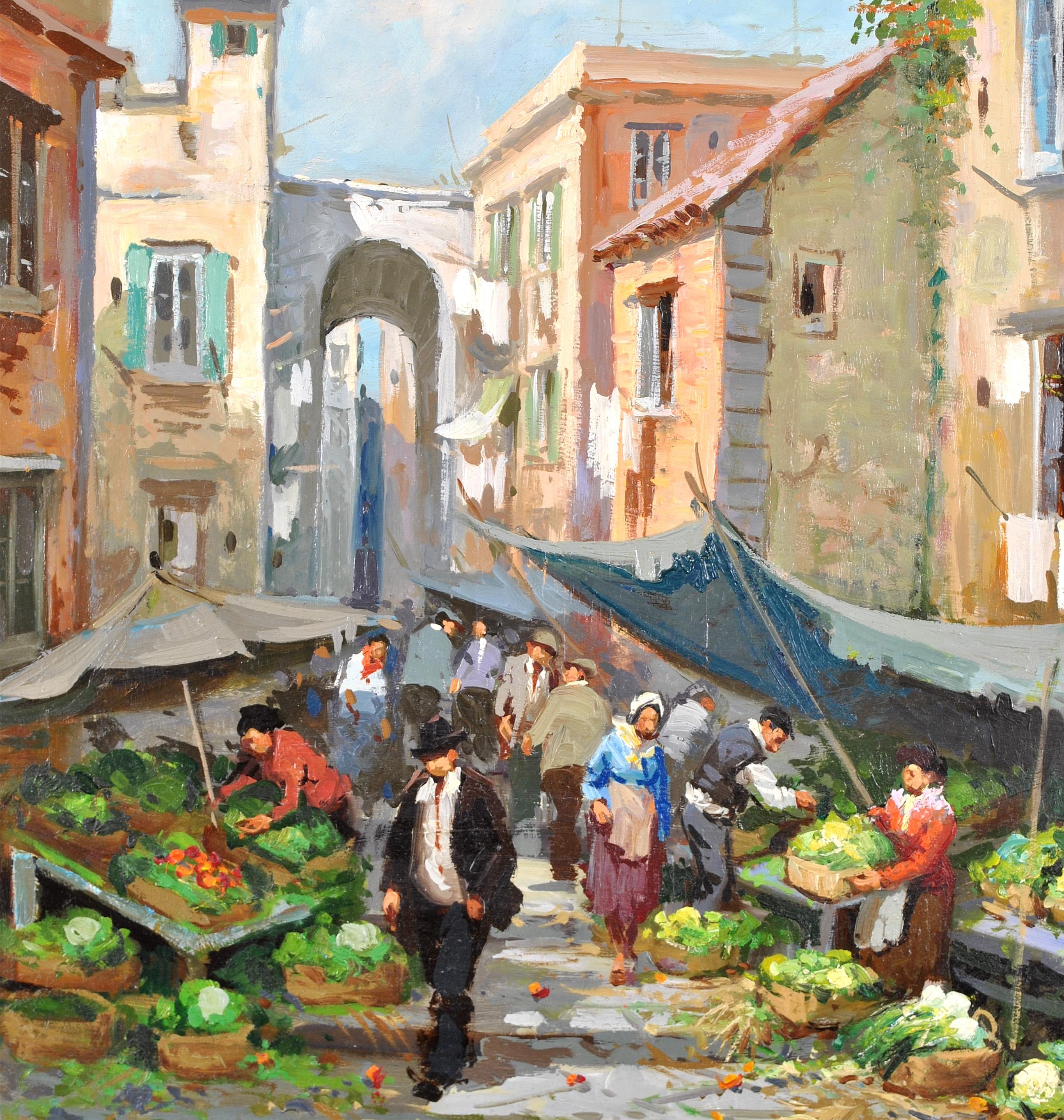 Market Day - Mid 20th Century Italian Impressionist Town Street Oil Painting For Sale 3
