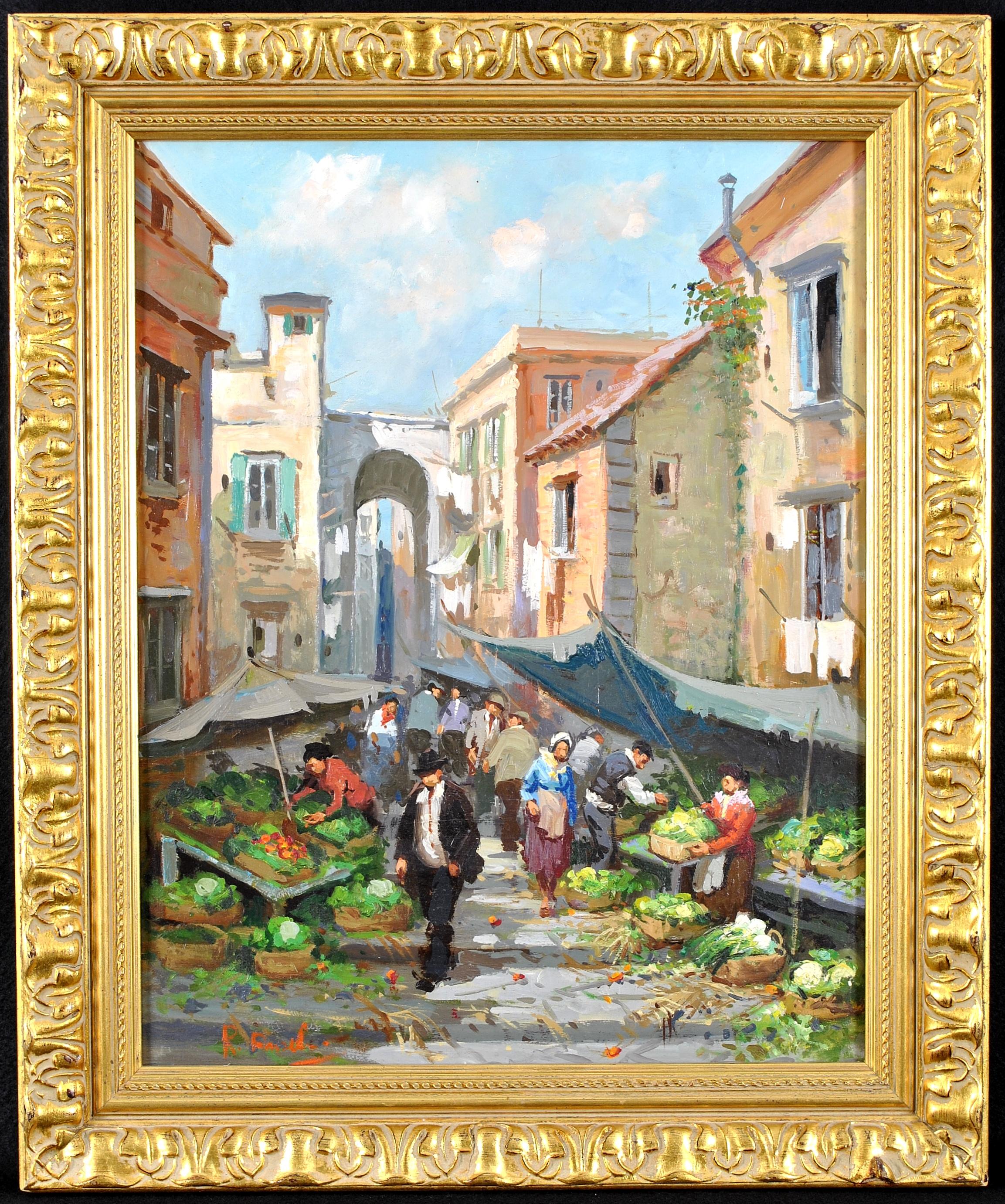 Market Day - Mid 20th Century Italian Impressionist Town Street Oil Painting For Sale 5