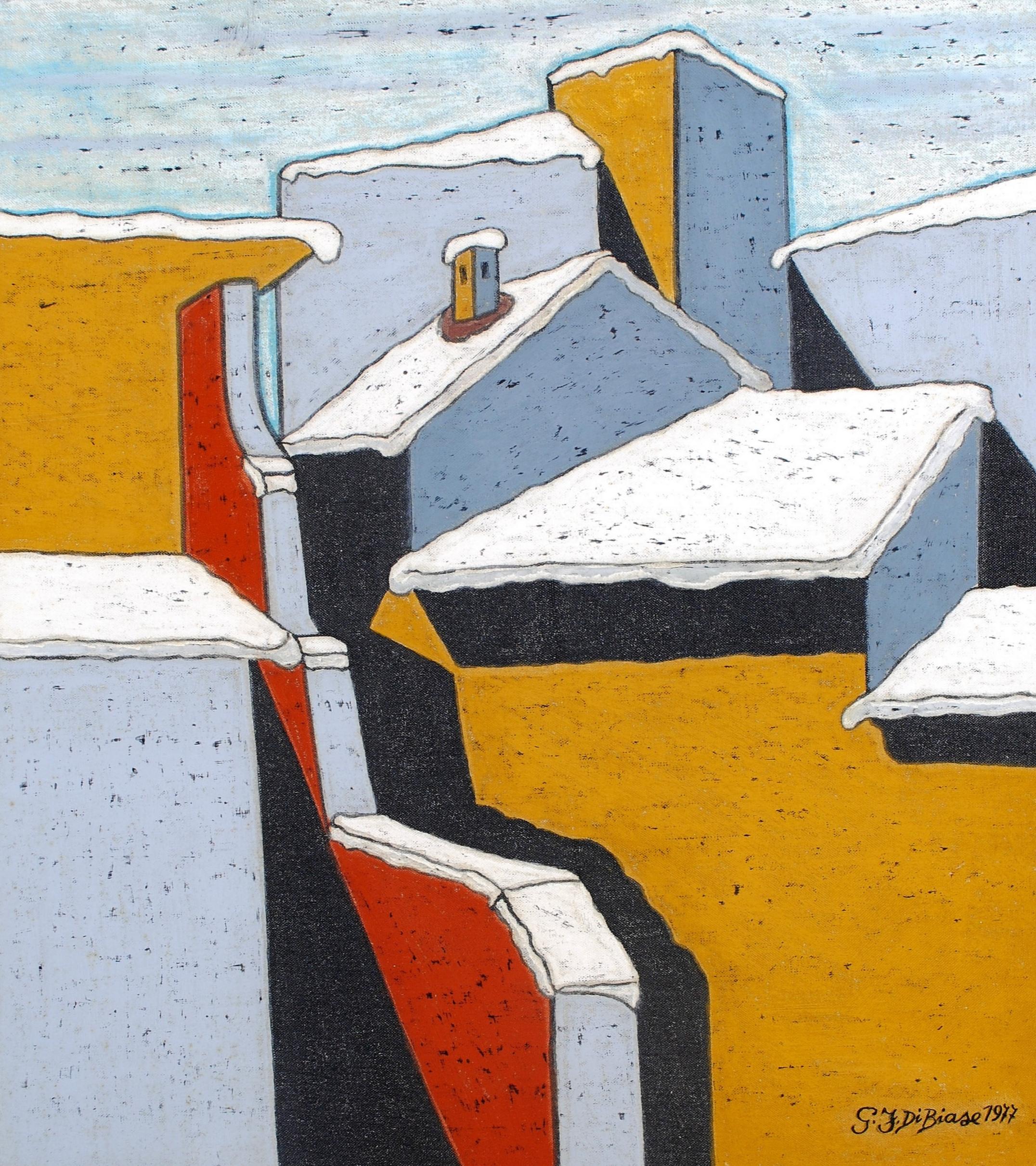 Snowy Cityscape - Mid 20th Century Italian Cubist Winter Rooftops Oil Painting - Beige Landscape Painting by Mid 20th Century Italian School