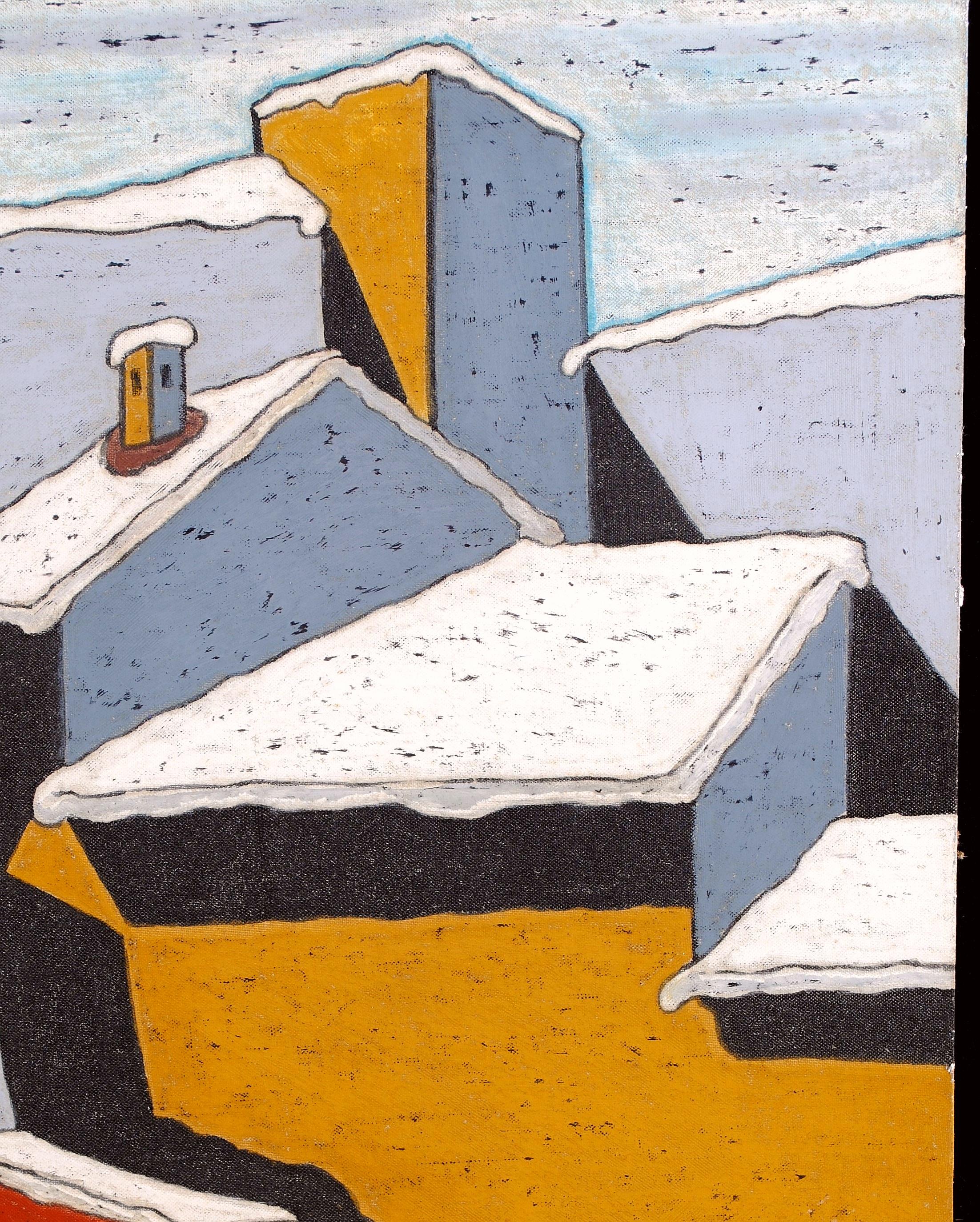 Snowy Cityscape - Mid 20th Century Italian Cubist Winter Rooftops Oil Painting For Sale 1