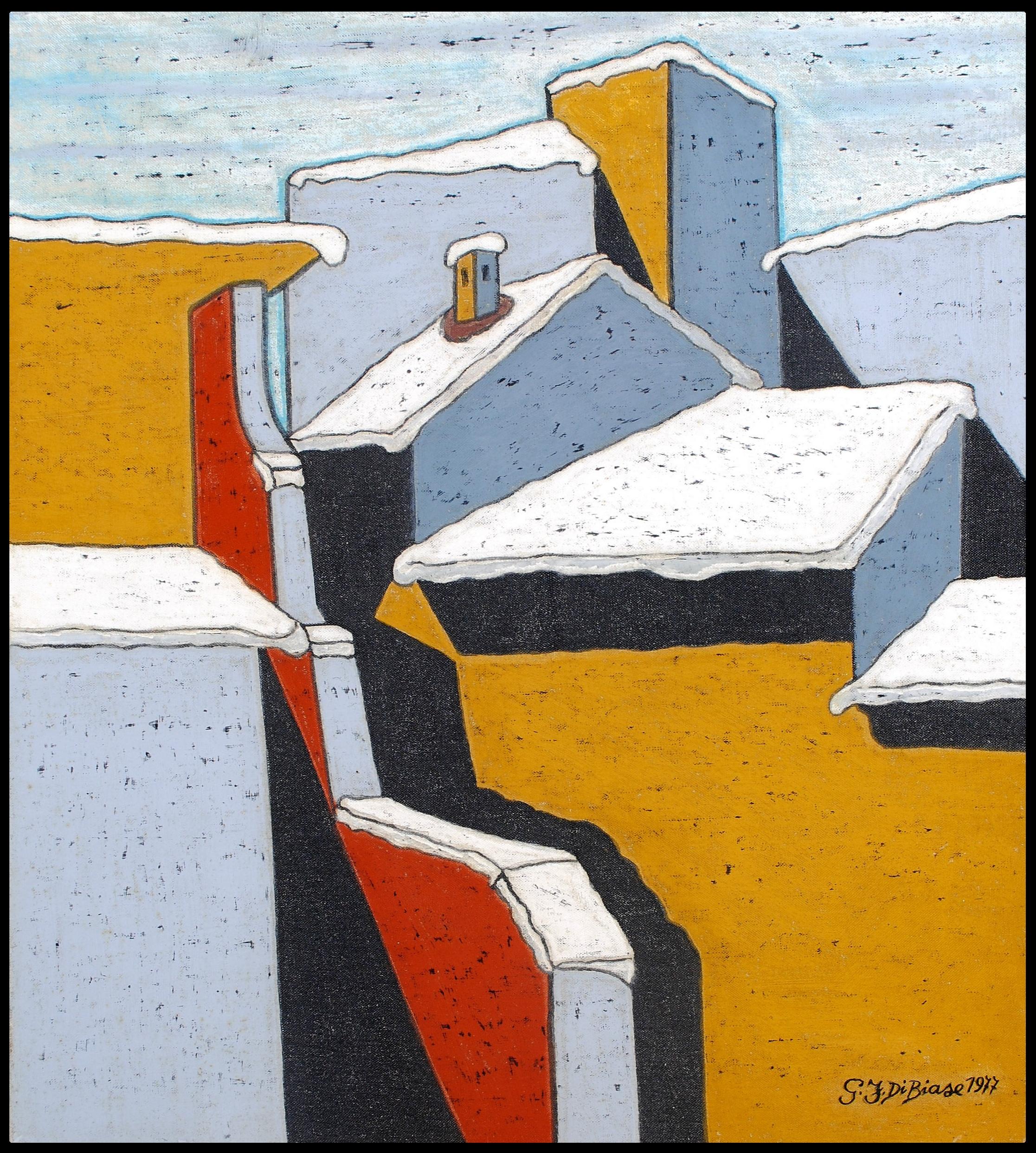 Paisaje urbano nevado - Pintura al óleo cubista italiana de mediados del siglo XX sobre tejados invernales