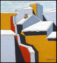 Paesaggio urbano innevato - Pittura ad olio cubista invernale della metà del XX secolo