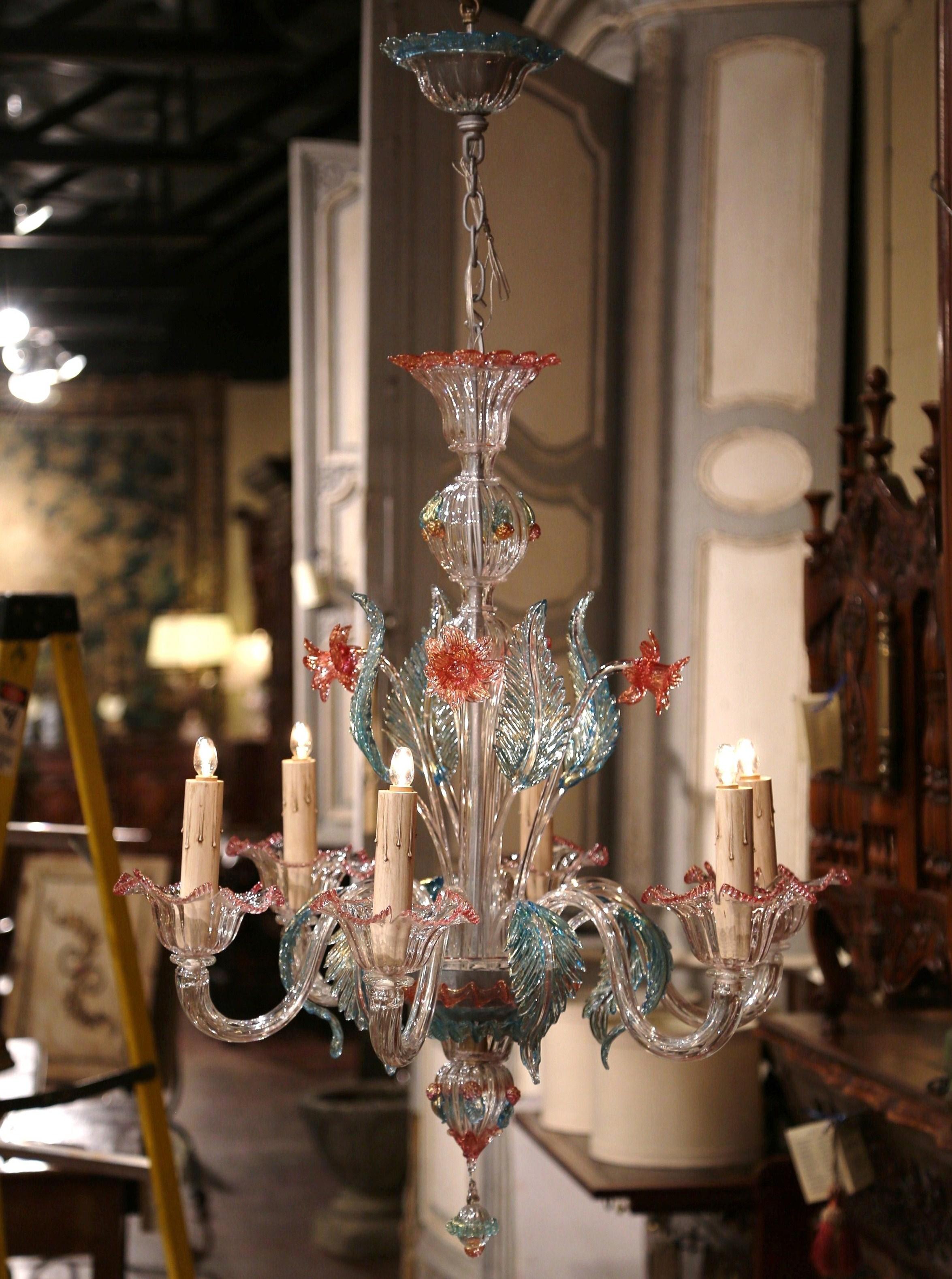 Hand-Crafted 20th Century Italian Blown Glass Murano Six-Light Chandelier with Floral Motifs