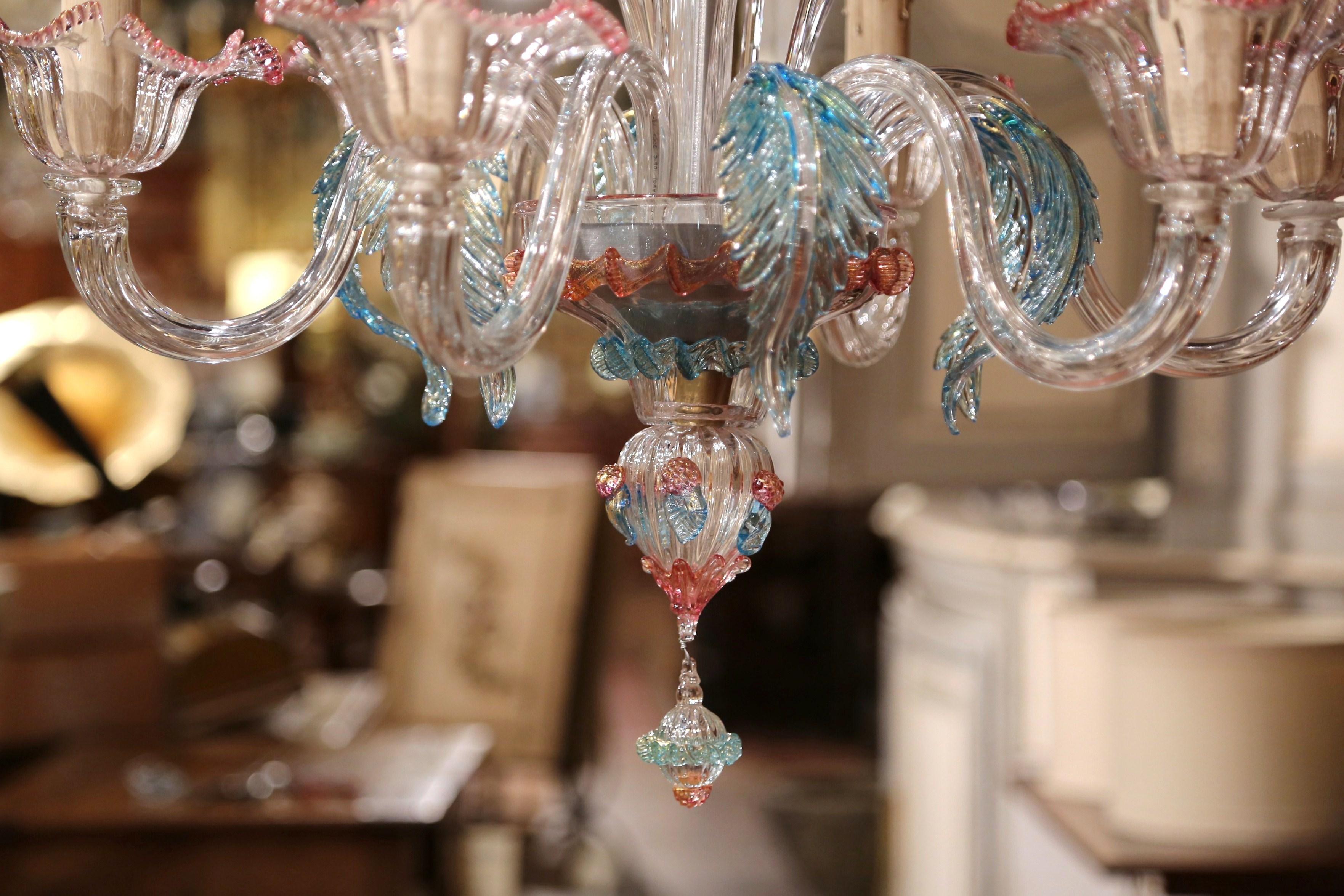 Murano Glass 20th Century Italian Blown Glass Murano Six-Light Chandelier with Floral Motifs