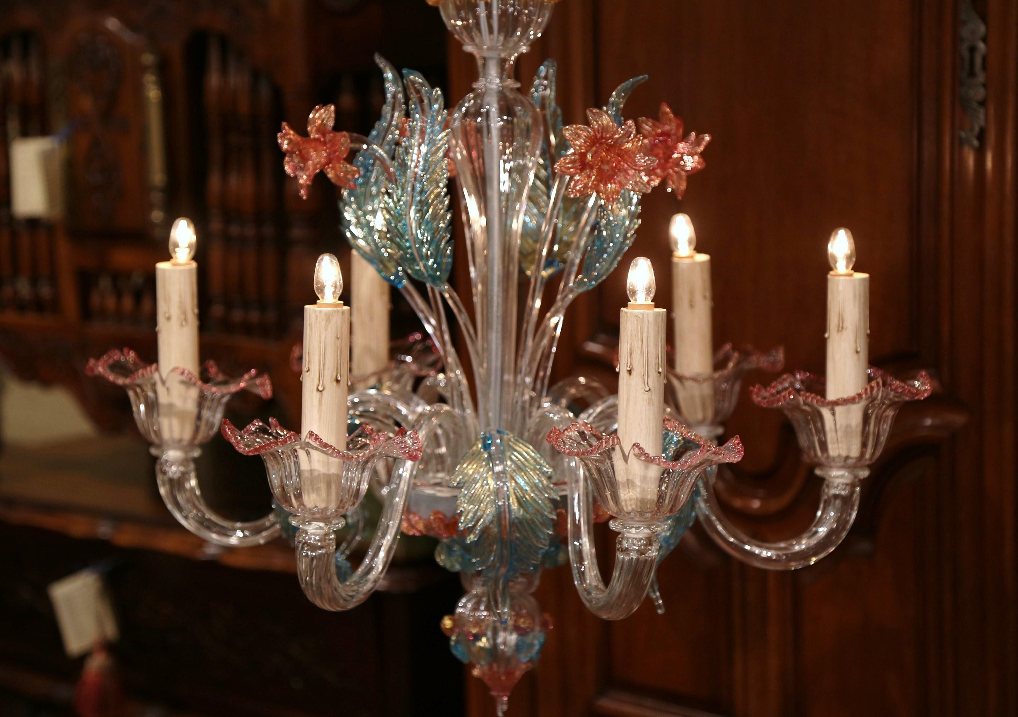 20th Century Italian Blown Glass Murano Six-Light Chandelier with Floral Motifs 4