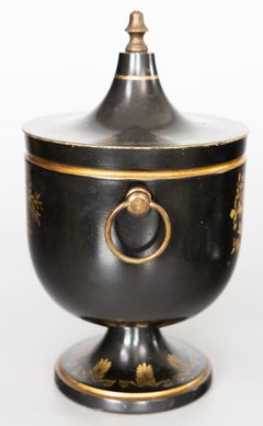 Mid-20th Century Neoclassical Italian Tole Black & Gold Lidded Urn Ice Bucket
