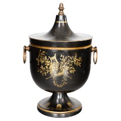 Mid-20th Century Neoclassical Italian Tole Black & Gold Lidded Urn Ice Bucket