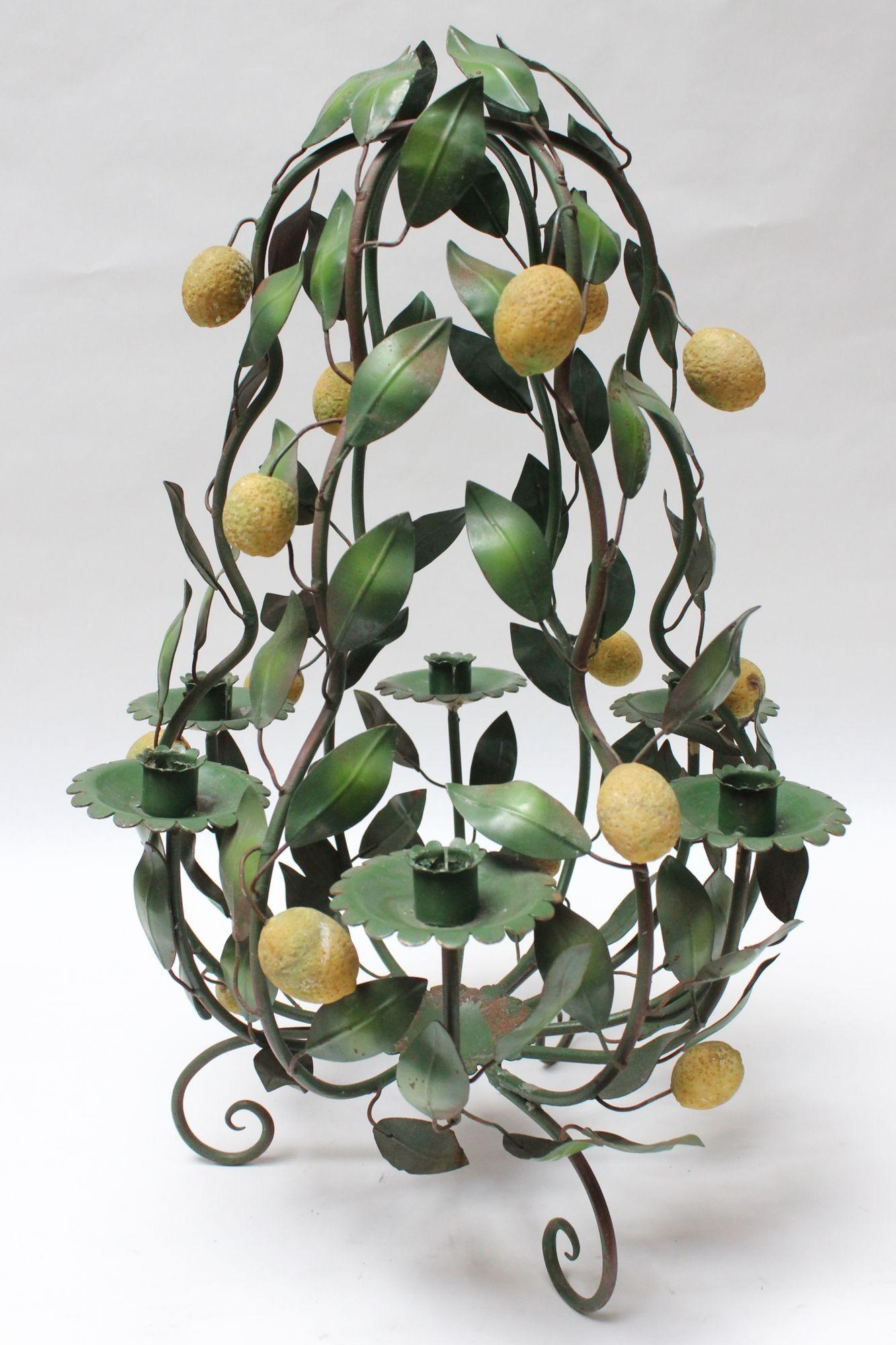 Italian Florentine tole candelabra / chandelier with lemon motif (ca. 1950, Italy). Presently configured to accommodate six candles and can either sit tabletop or mounted to the ceiling with the addition of a canopy. Good age / losses to original