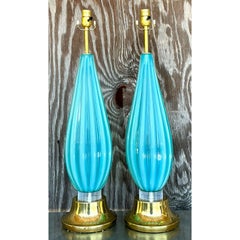 Mid 20th Century Italian Turquoise Glass Lamps After Murano