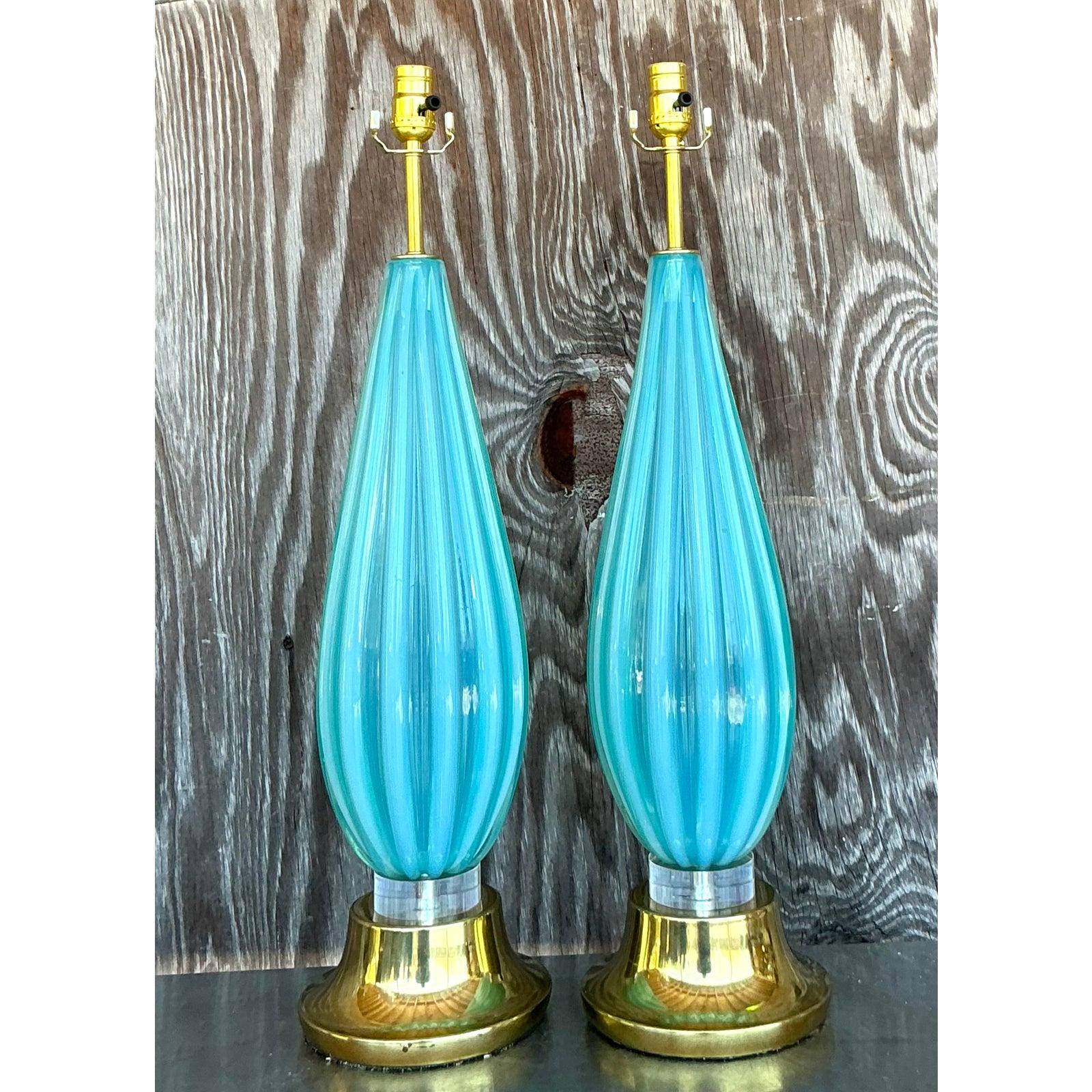Hollywood Regency Lampade in vetro turchese di Murano della metà del XX secolo in vendita