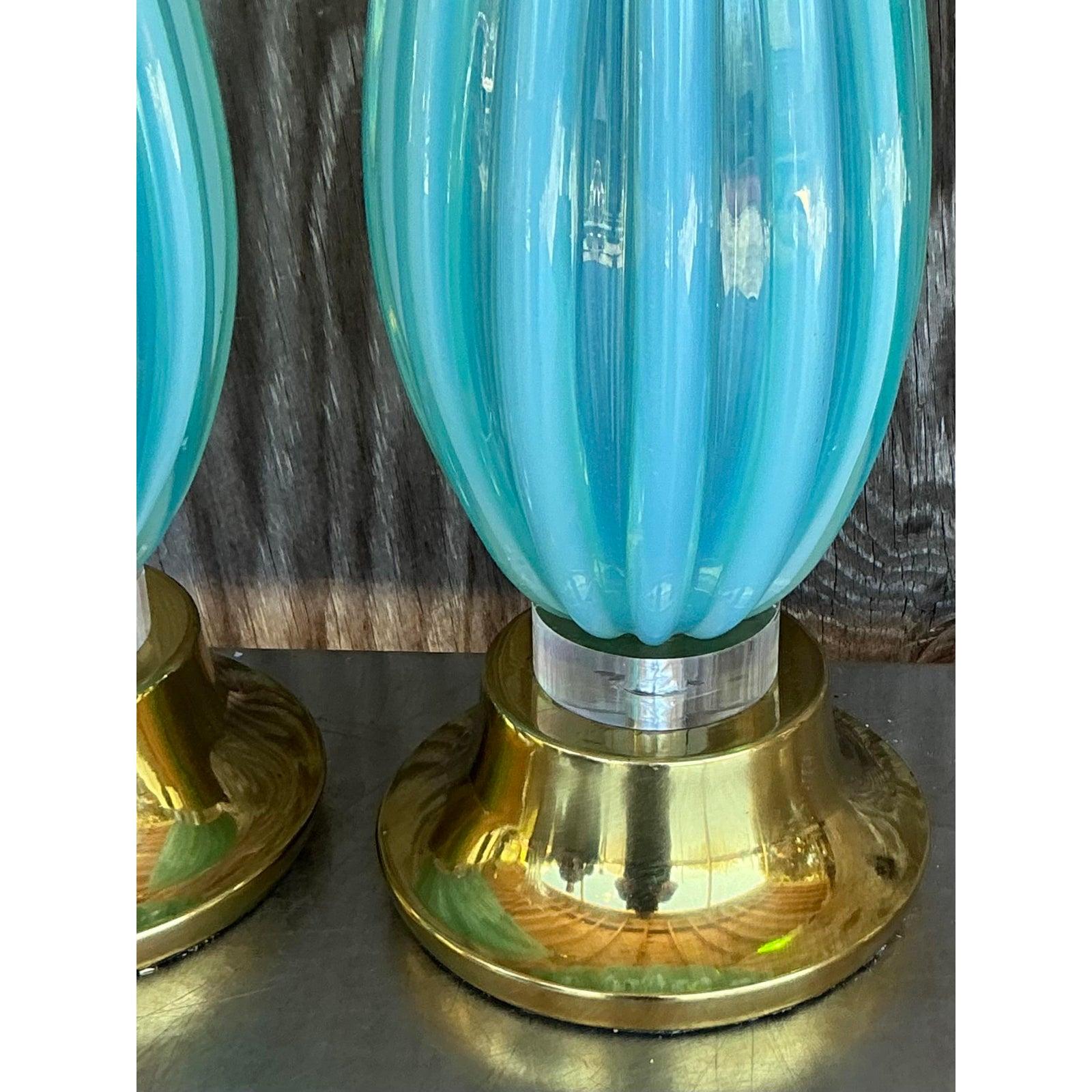 Ottone Lampade in vetro turchese di Murano della metà del XX secolo in vendita