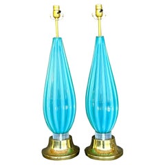 Mid 20th Century Italian Turquoise Glass Lamps After Murano
