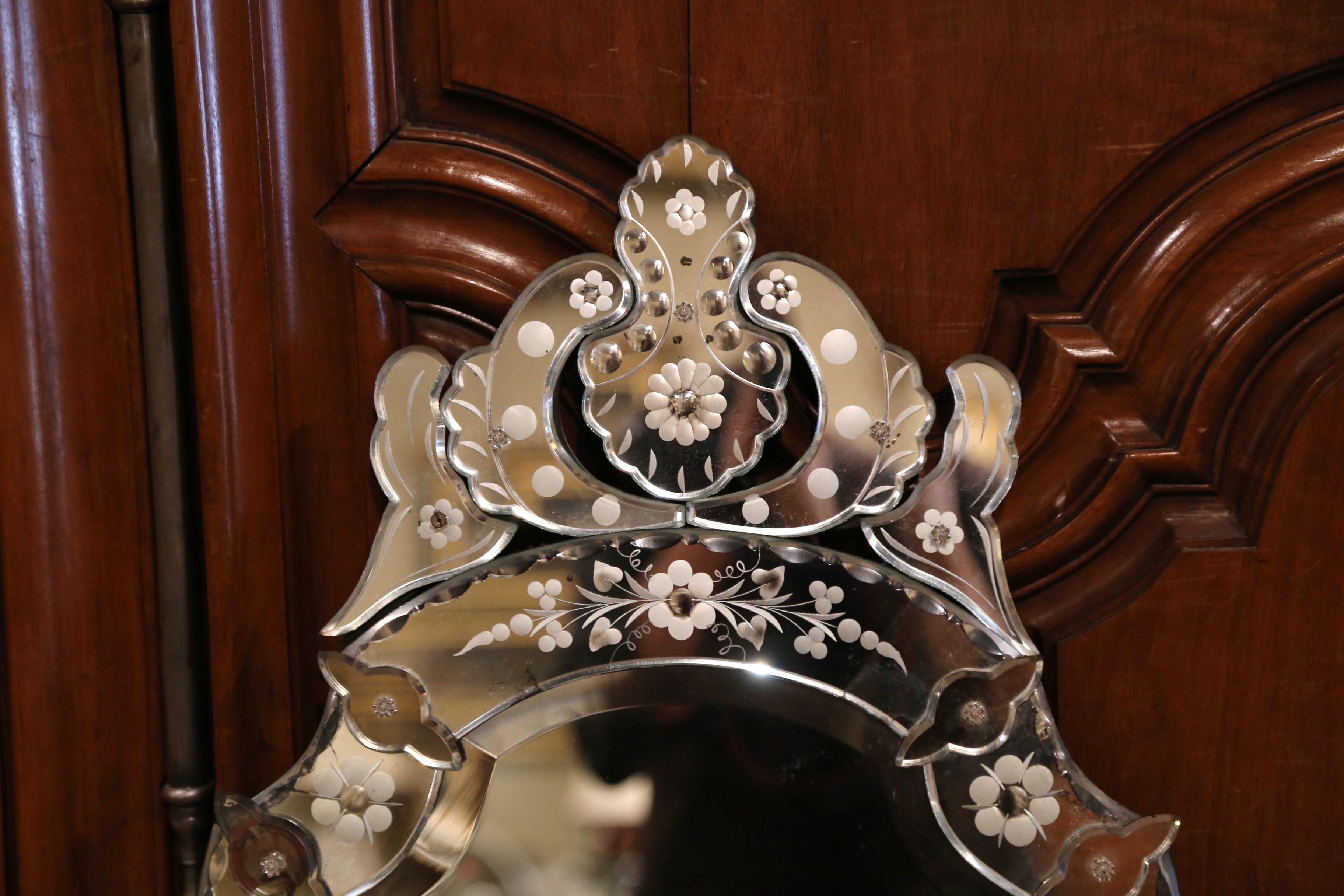 Mid-20th Century Italian Venetian Beveled Mirror with Painted Floral Etching In Good Condition In Dallas, TX