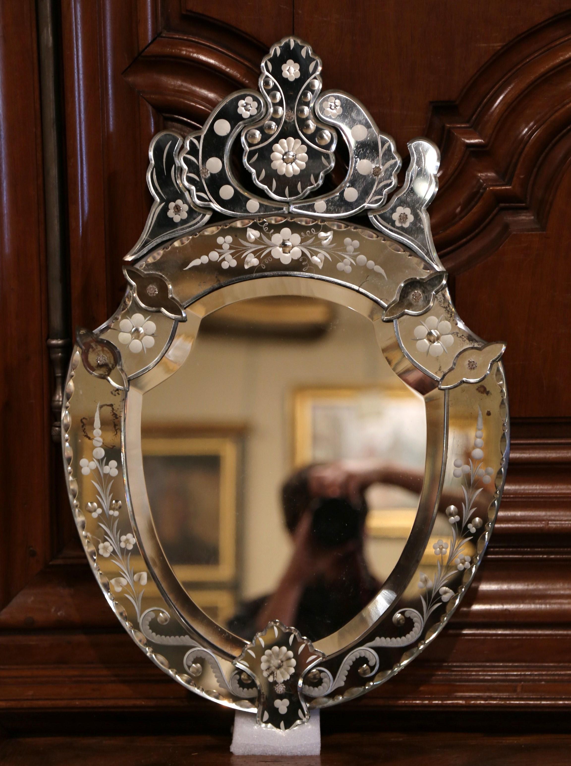 19th Century Mid-20th Century Italian Venetian Beveled Mirror with Painted Floral Etching