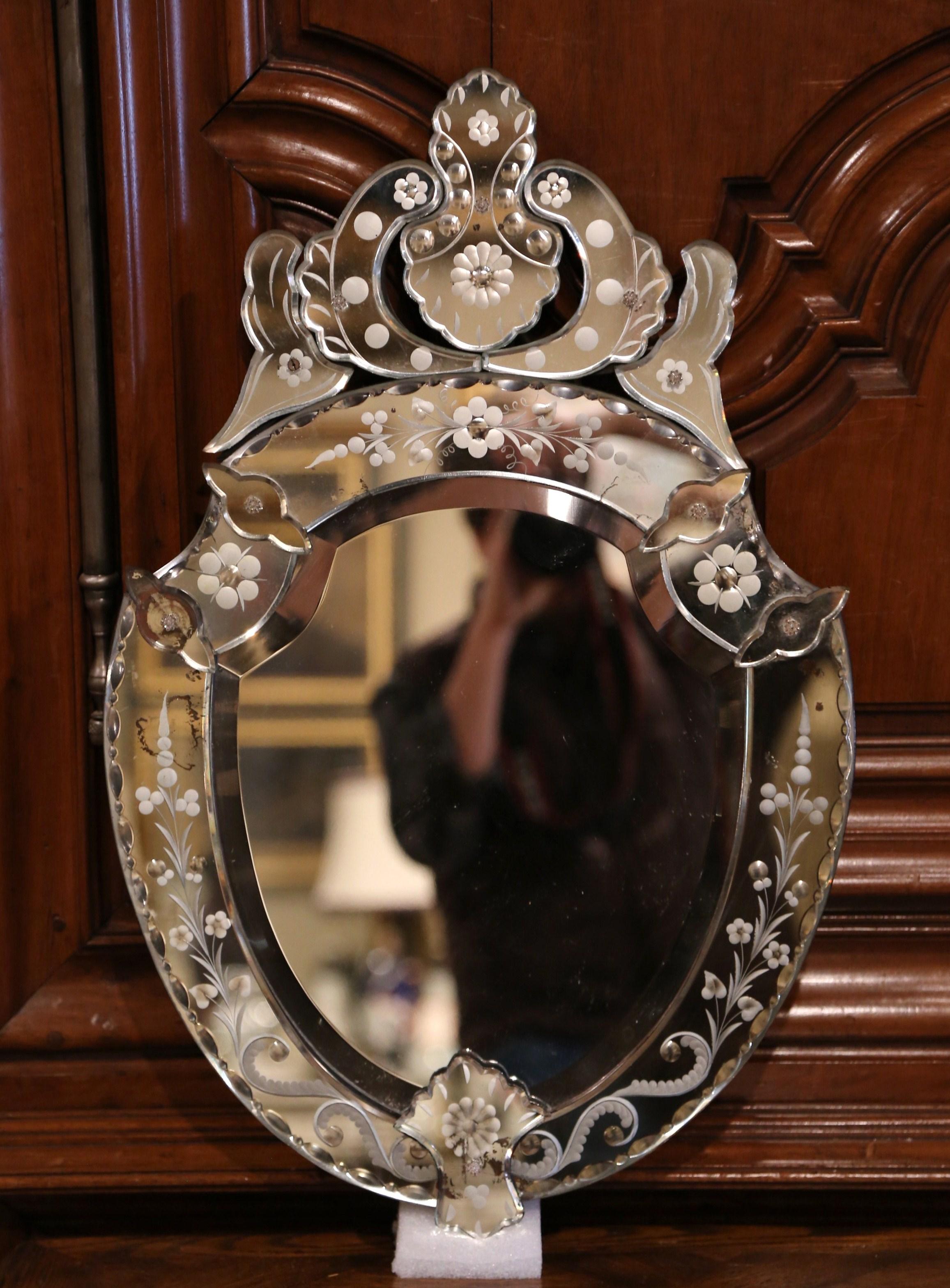 Mid-20th Century Italian Venetian Beveled Mirror with Painted Floral Etching 2