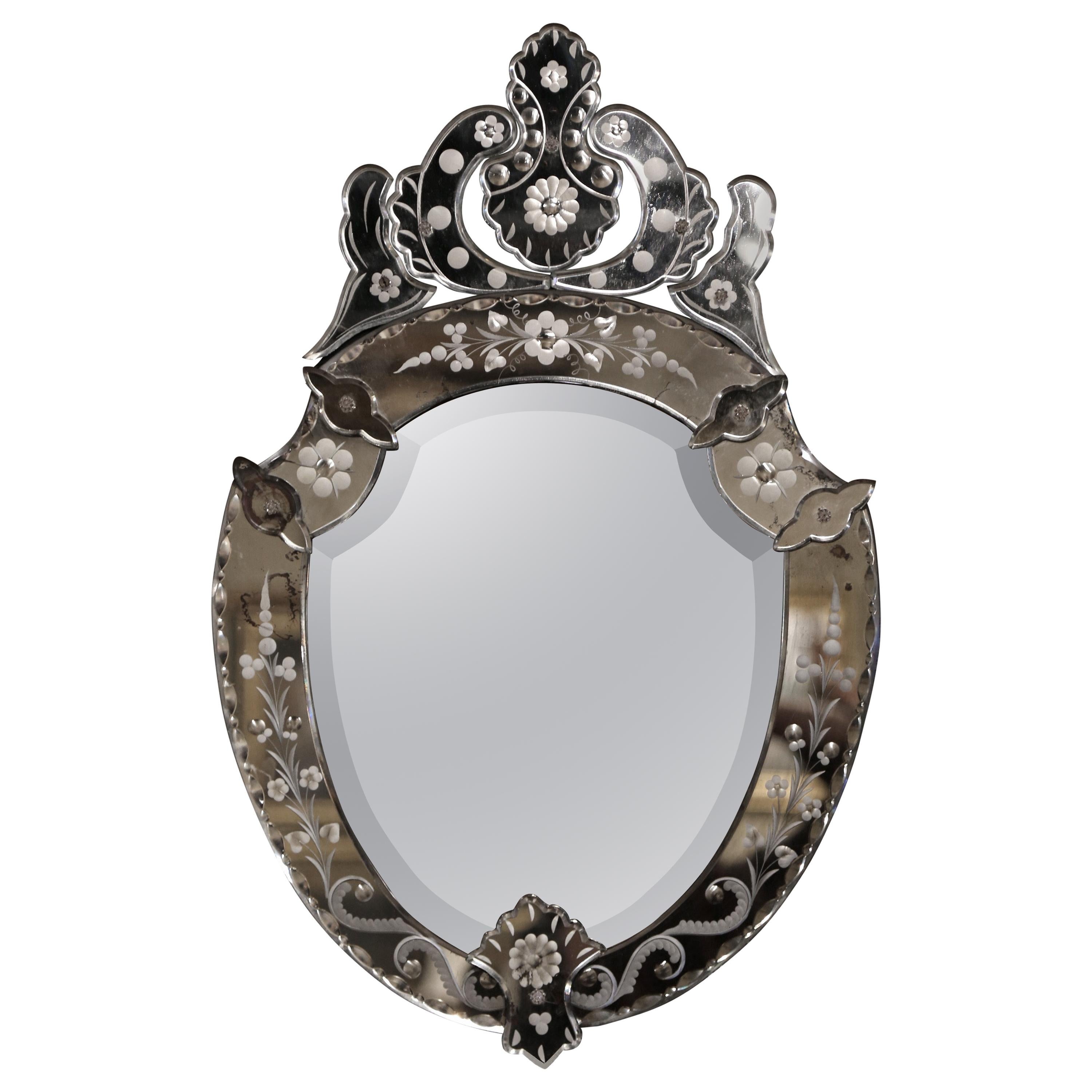 Mid-20th Century Italian Venetian Beveled Mirror with Painted Floral Etching
