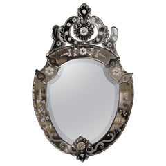 Antique Mid-20th Century Italian Venetian Beveled Mirror with Painted Floral Etching