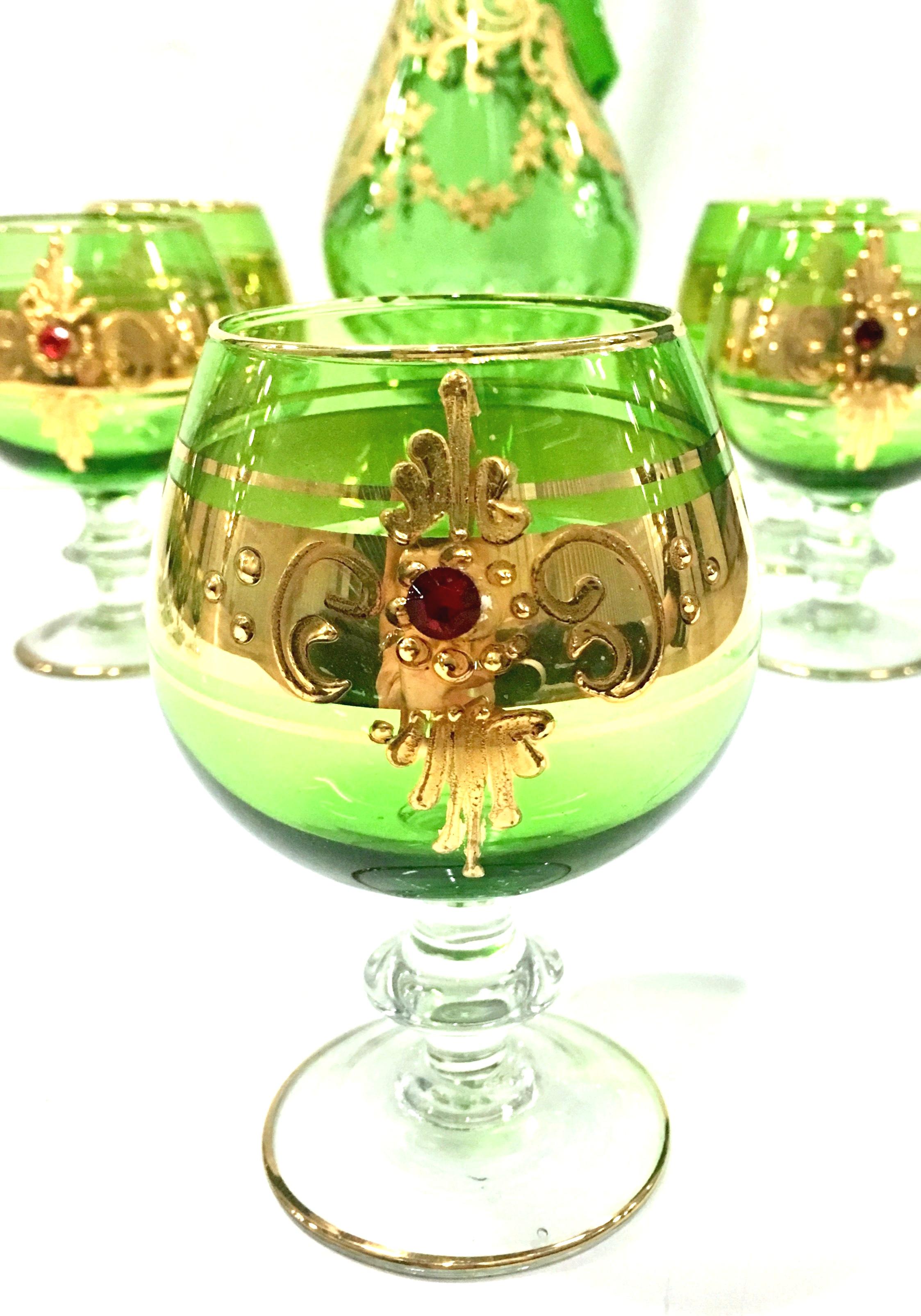 Hand-Painted Mid-20th Century Italian Venetian Blown Glass and 22-Karat Gold Drinks Set of 6 For Sale
