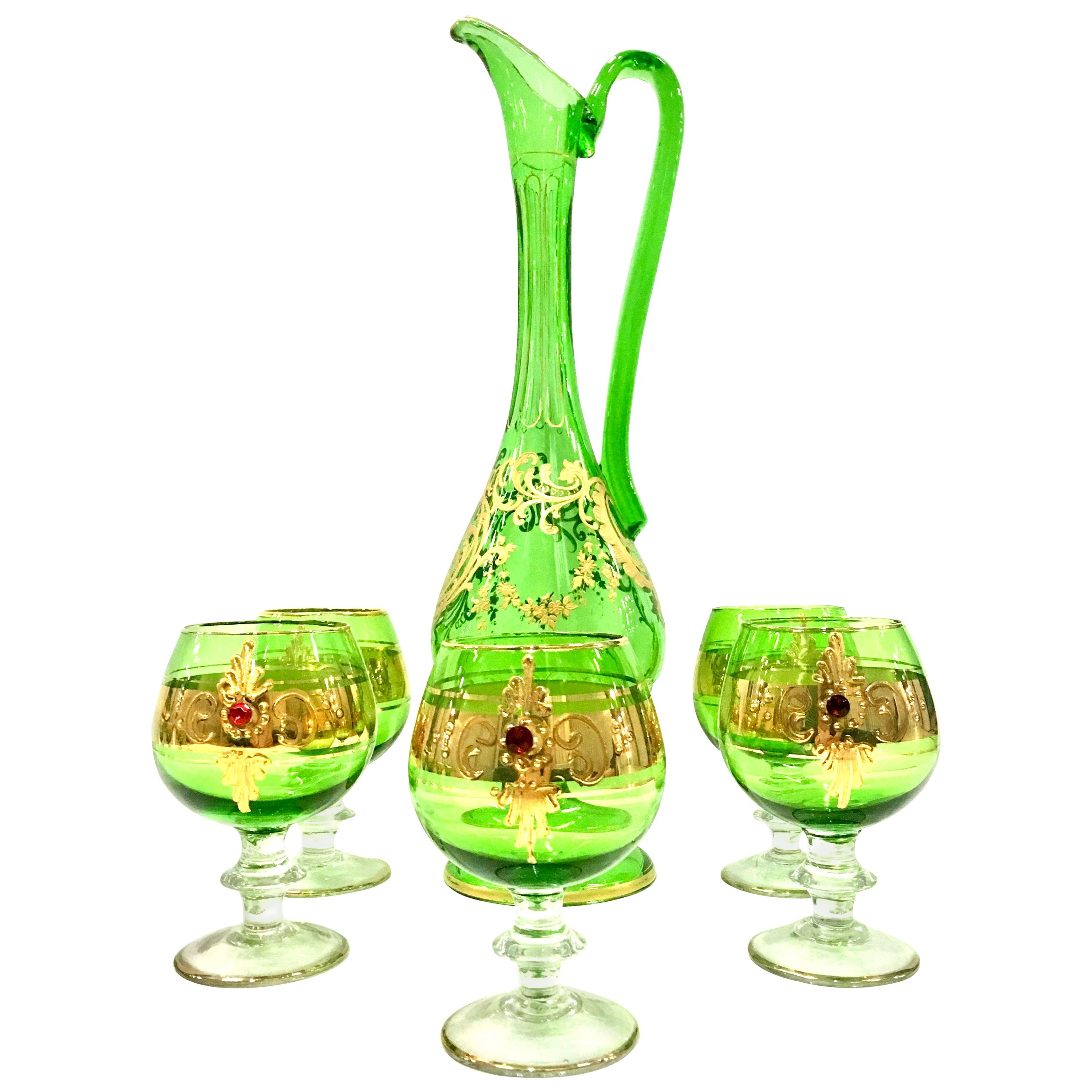 Mid-20th Century Italian Venetian Blown Glass and 22-Karat Gold Drinks Set of 6 For Sale
