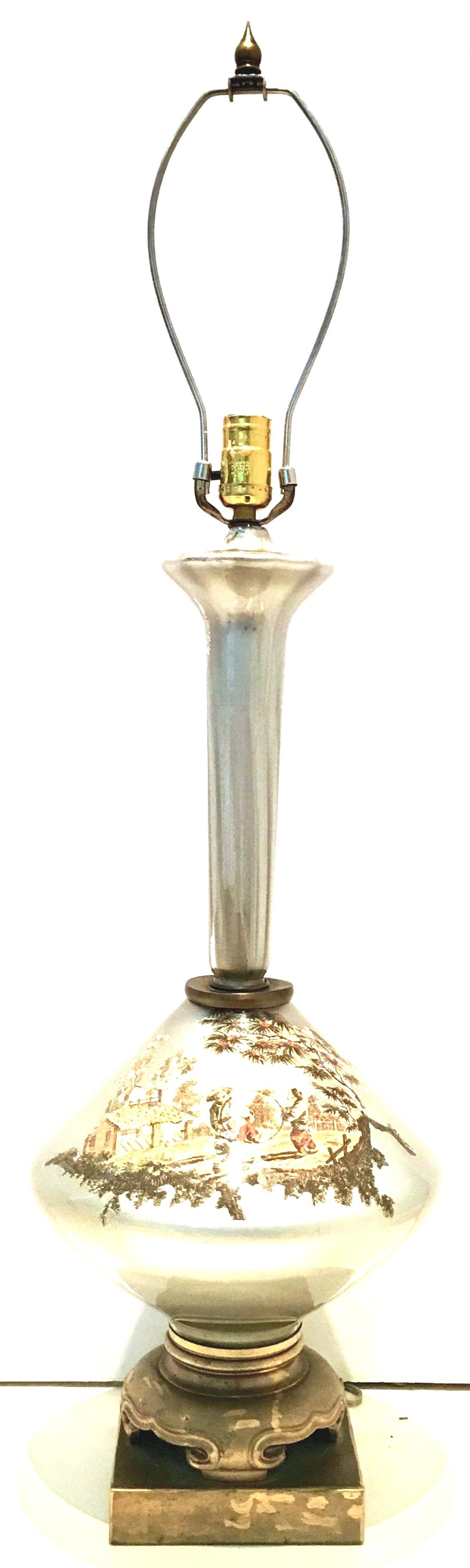 Chinoiserie Mid-20th Century Italian Venetian Glass Eglomise Silver Leaf Decalcomania Lamp For Sale