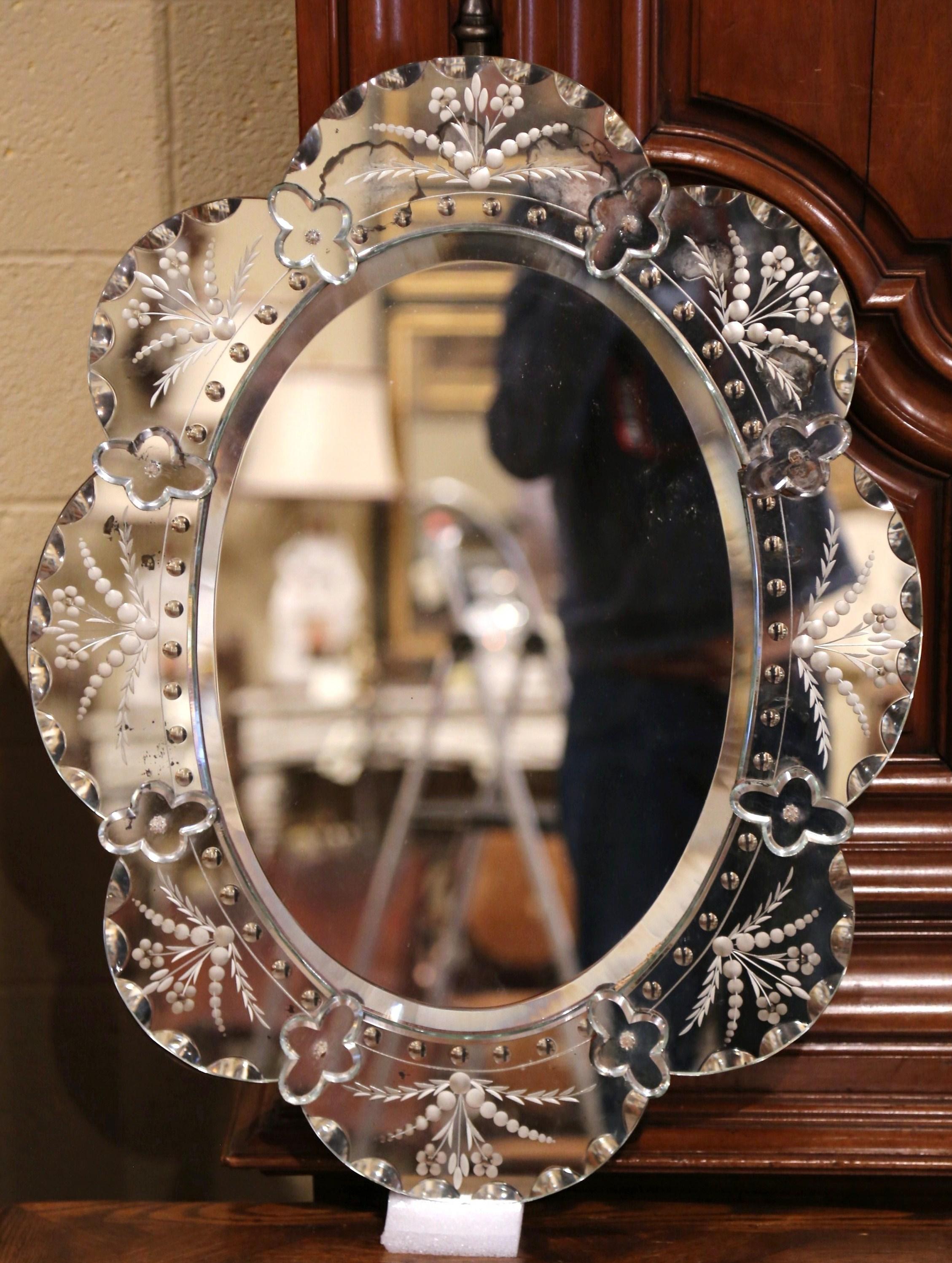 Mid-20th Century Italian Venetian Wall Mirror with Painted Floral Etching In Excellent Condition In Dallas, TX