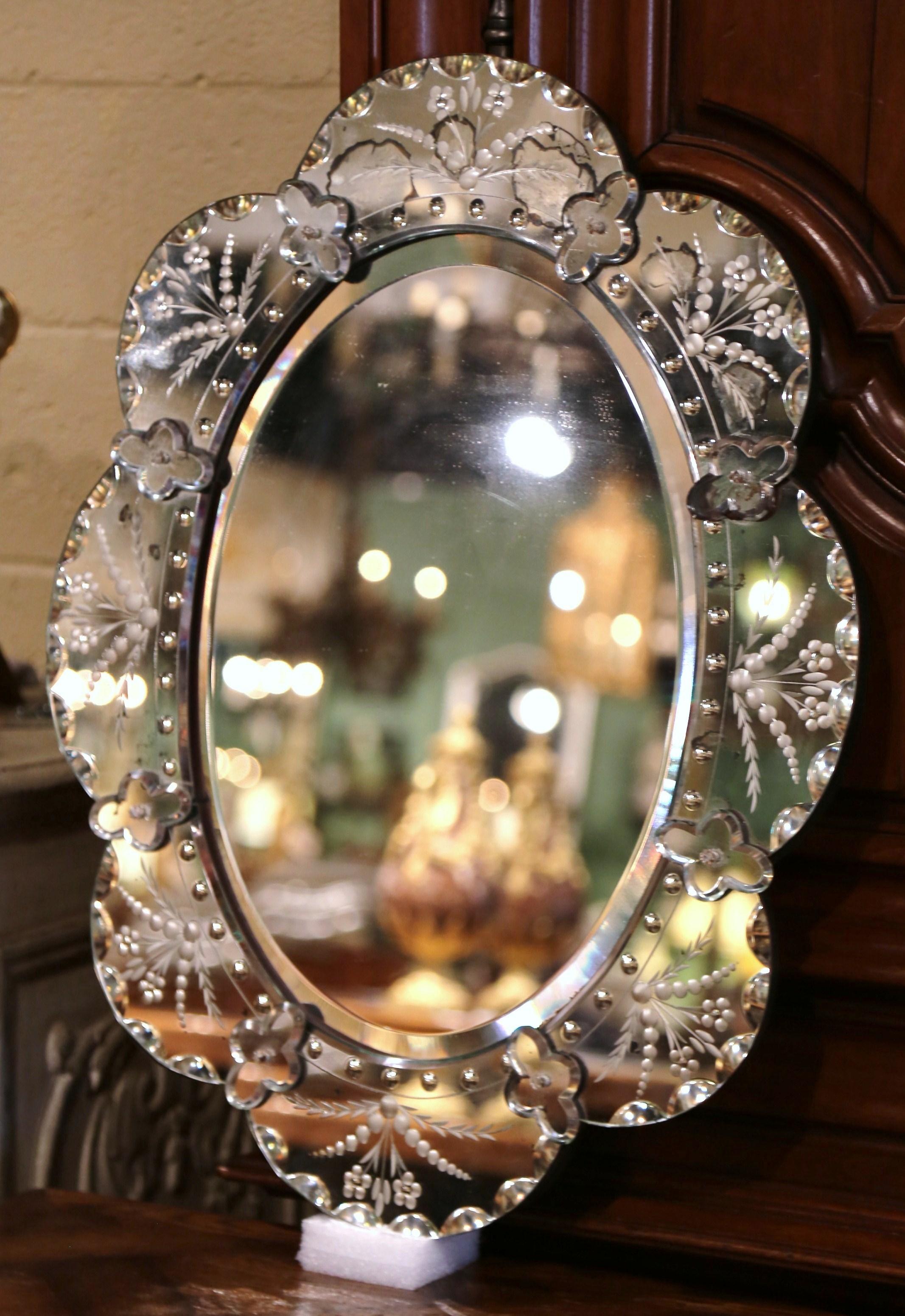 Mercury Glass Mid-20th Century Italian Venetian Wall Mirror with Painted Floral Etching