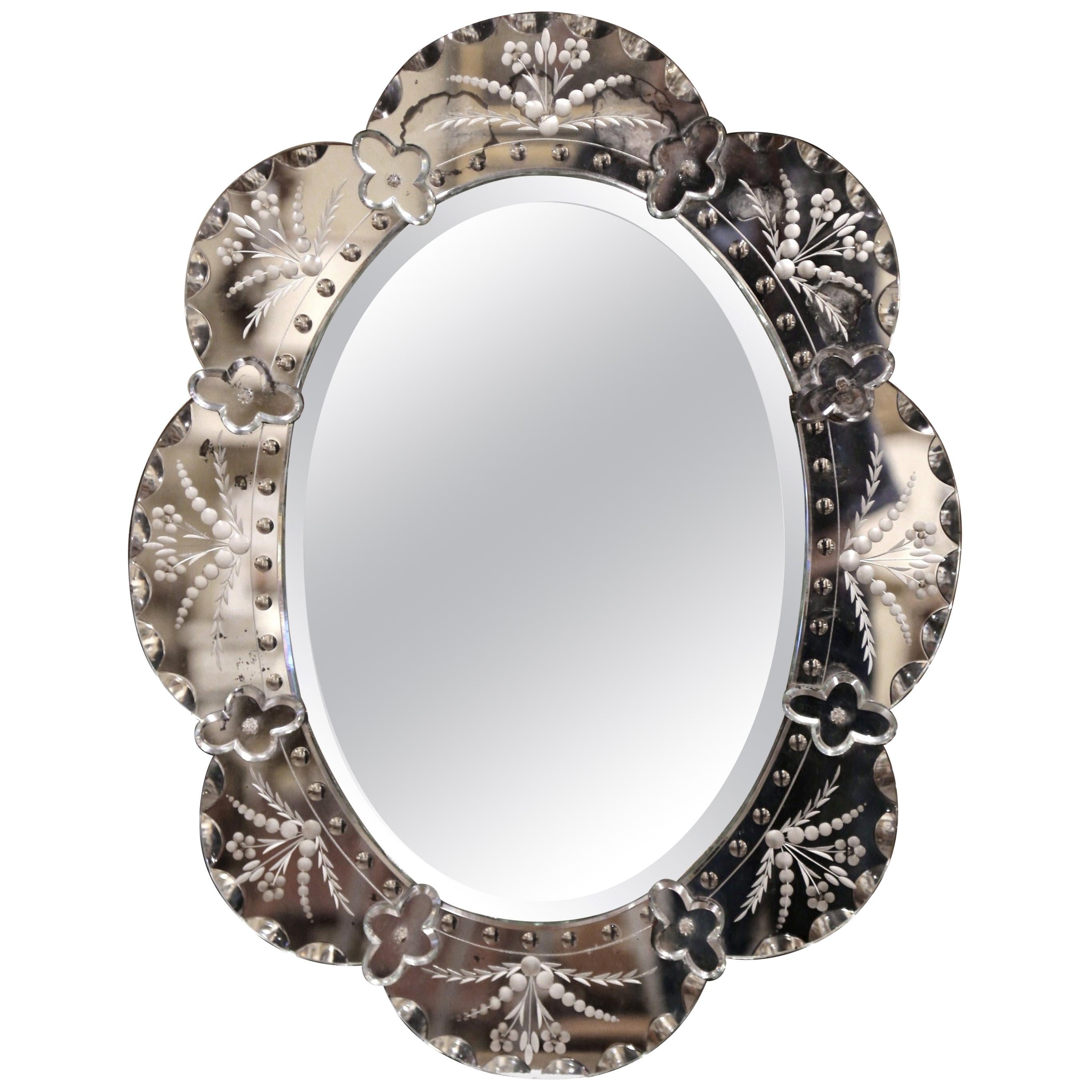 Mid-20th Century Italian Venetian Wall Mirror with Painted Floral Etching