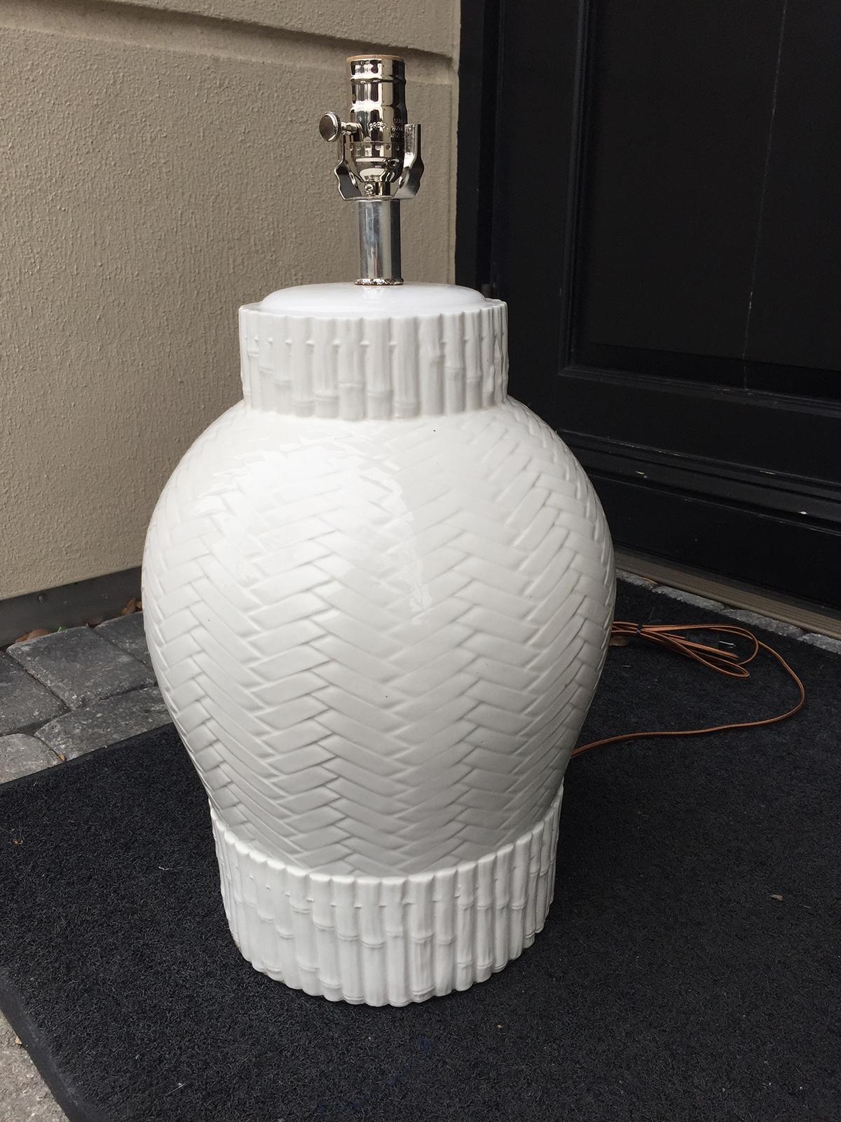Glazed Mid-20th Century Italian White Faux Bamboo Porcelain Lamp