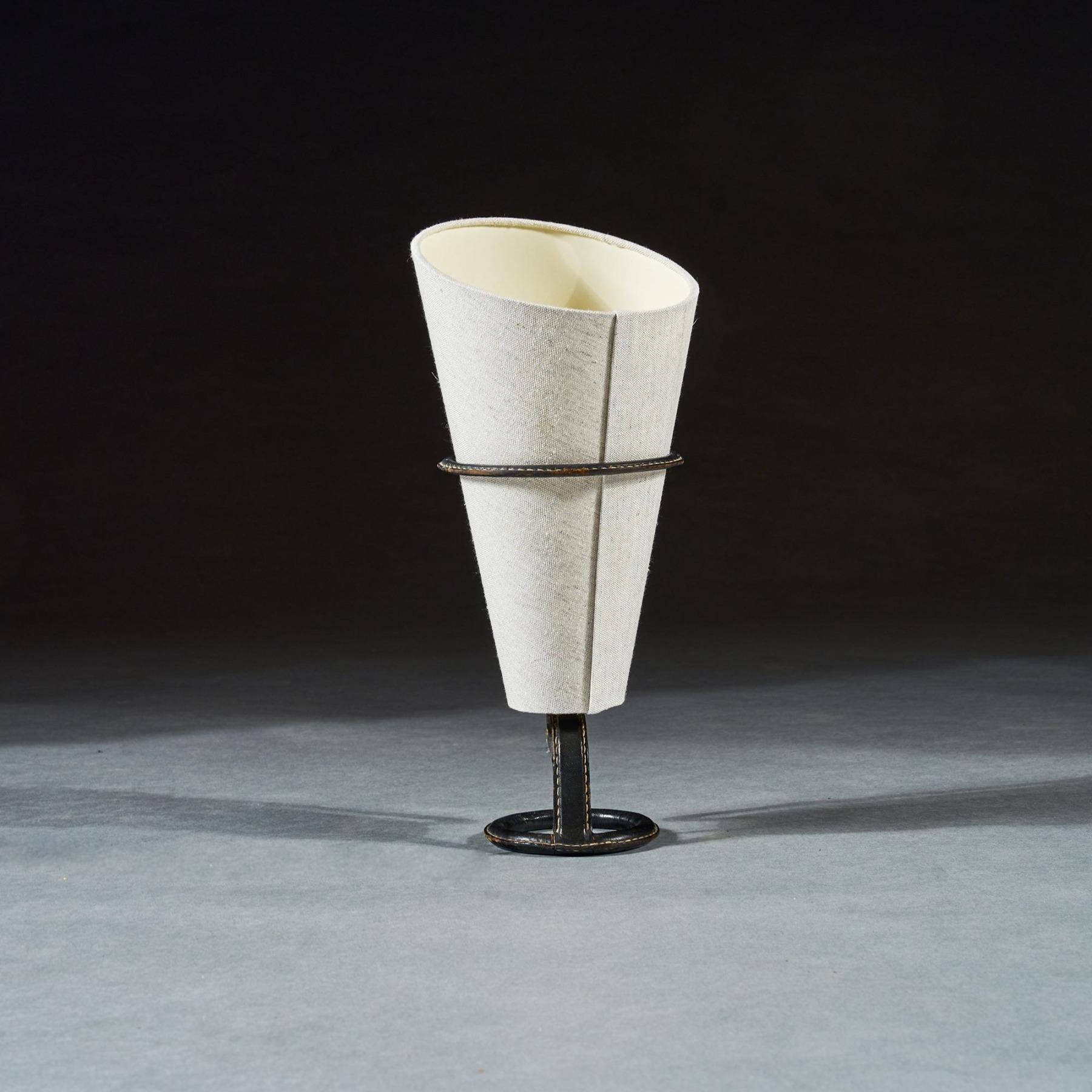 Français Mid 20th Century Jacques Adnet Black Leather Stitched Torch Shaped Table Lamp en vente