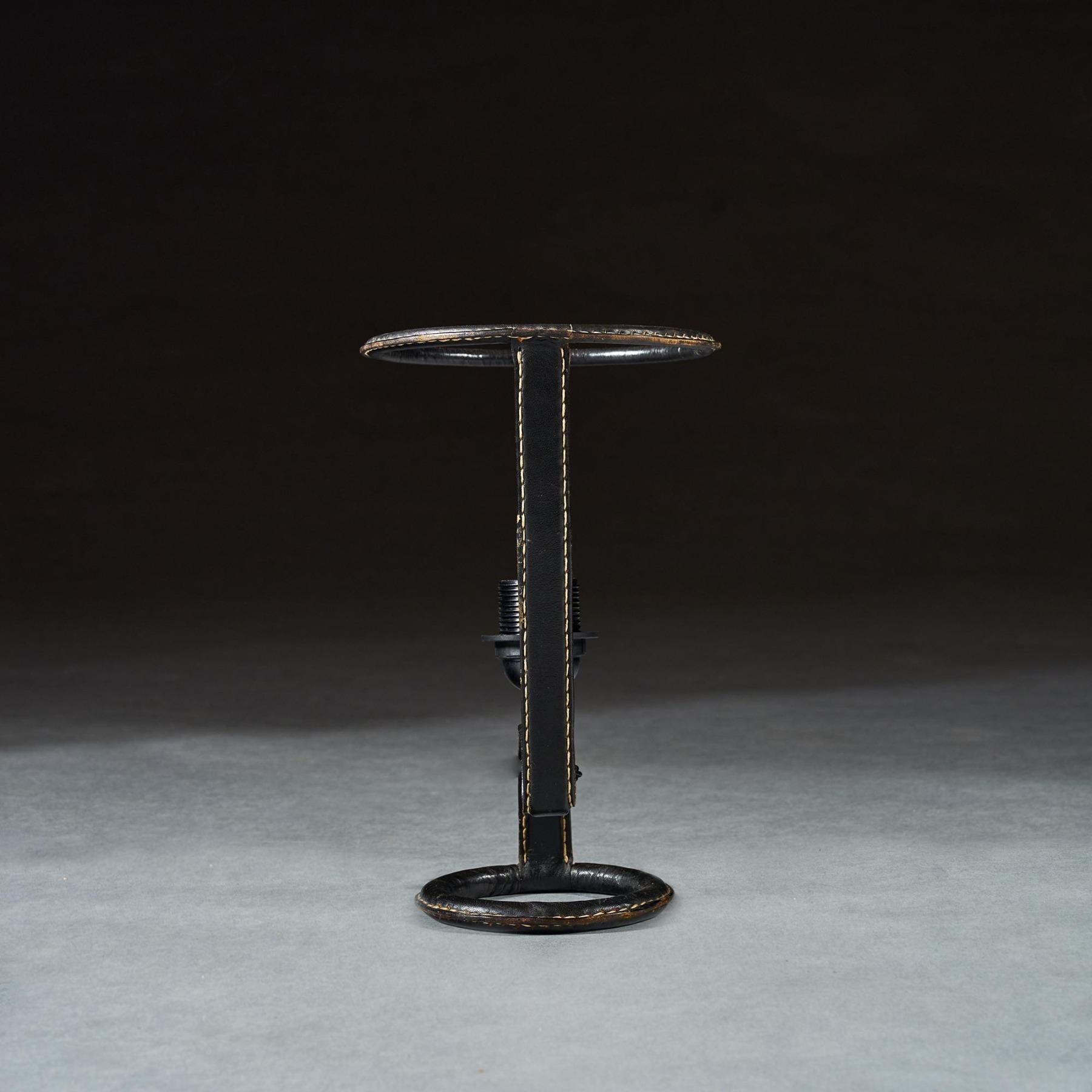 Cuir Mid 20th Century Jacques Adnet Black Leather Stitched Torch Shaped Table Lamp en vente