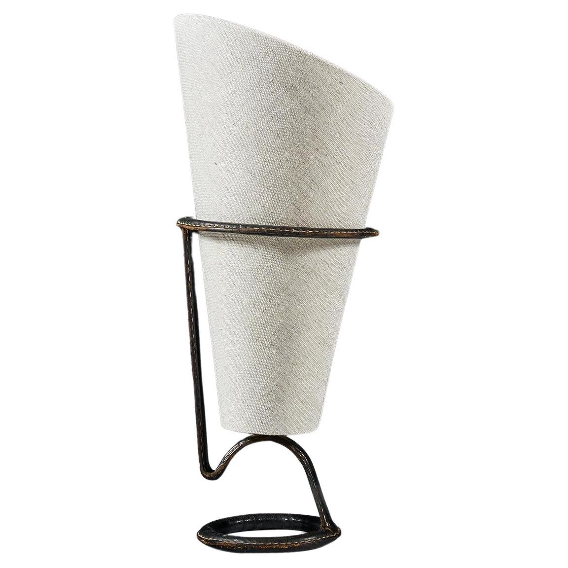 Mid 20th Century Jacques Adnet Black Leather Stitched Torch Shaped Table Lamp en vente