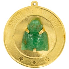 Vintage Mid-20th Century Jade Buddha Touch Me For Luck Yellow Gold Disc Charm Pendant