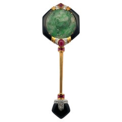 Mid-20th Century Jade Diamond Ruby & Onyx 18K Yellow Gold Stick Pin Brooch