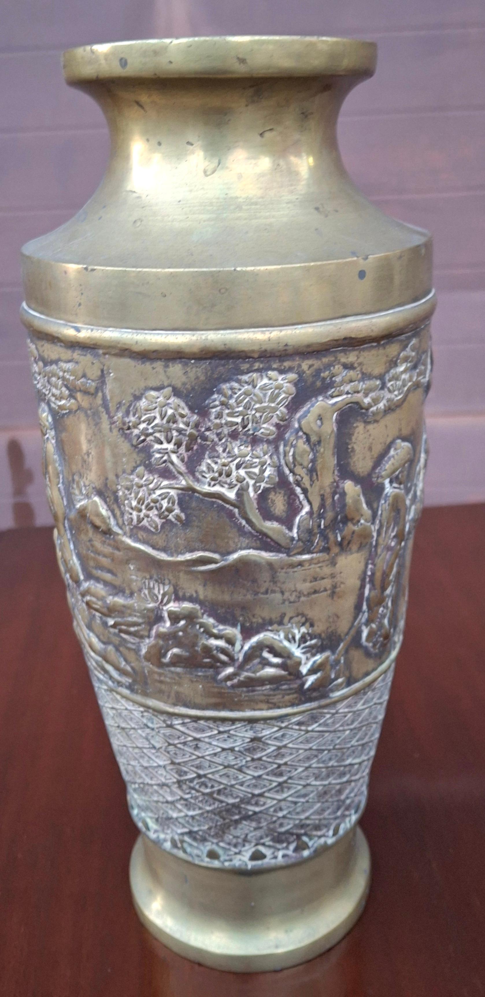 A Mid 20th Century Japanese Etched and Repousse Bronze Vase
MEASUREMENTS: 5″ wide x 5