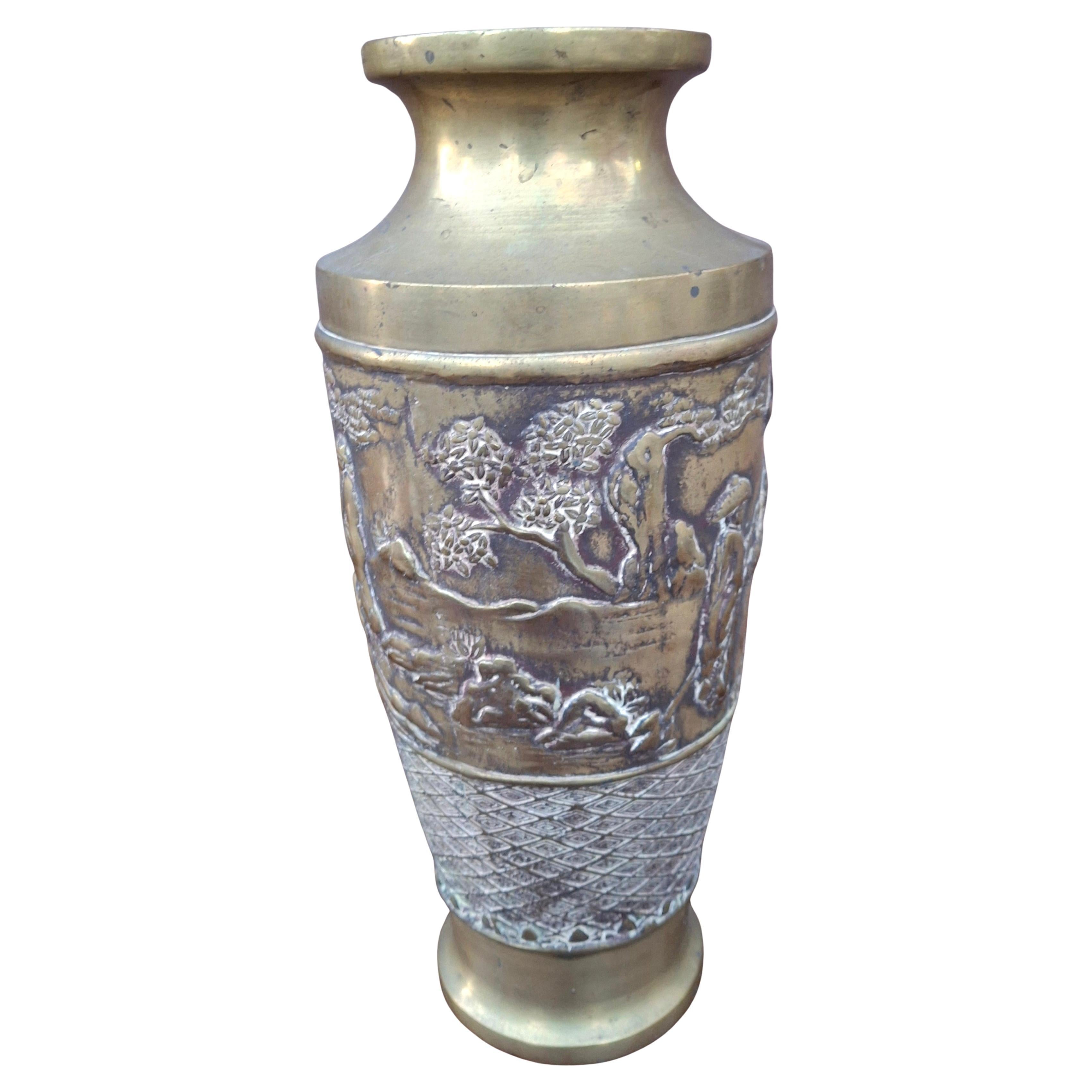 Mid 20th Century Japanese Etched and Repousse Bronze Vase For Sale
