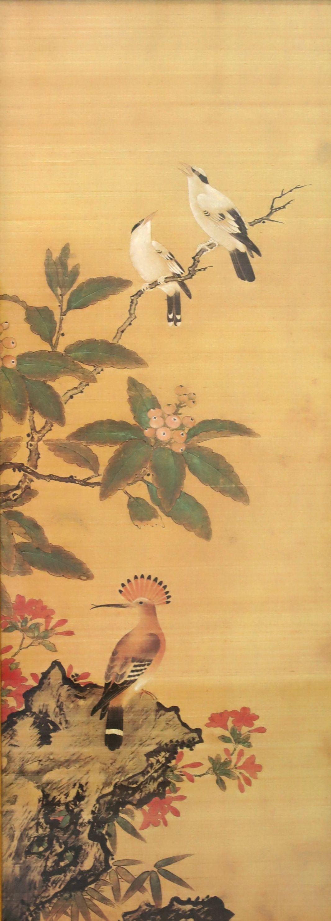 Anglo-japonais Paire de tableaux d'oiseaux encadrés en faux bambou japonais du milieu du 20e siècle