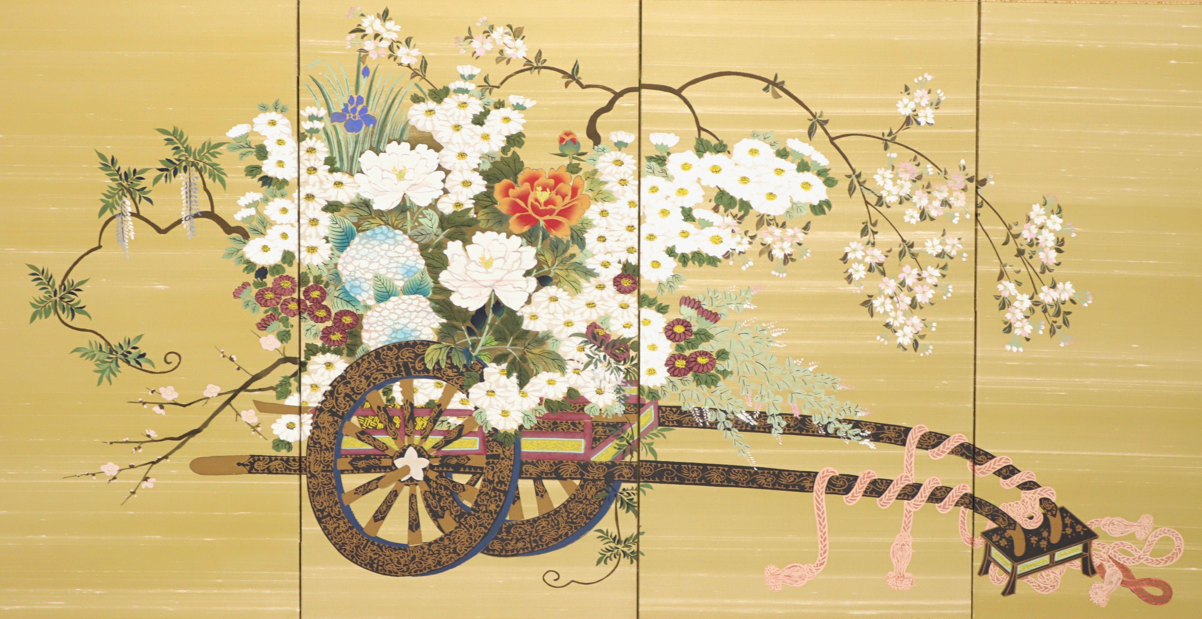 An Asian Japanese four-panel folding screen. Untitled, (Flower Cart). Unsigned, artist unknown. Hand painted on fabric, possibly silk, then applied to four connected framed fabric panels that creates one scene. Fabric panels are framed in black