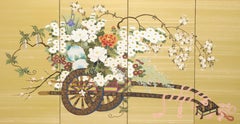 Mid 20th Century Japanese Four-Panel Folding Screen - Flower Cart
