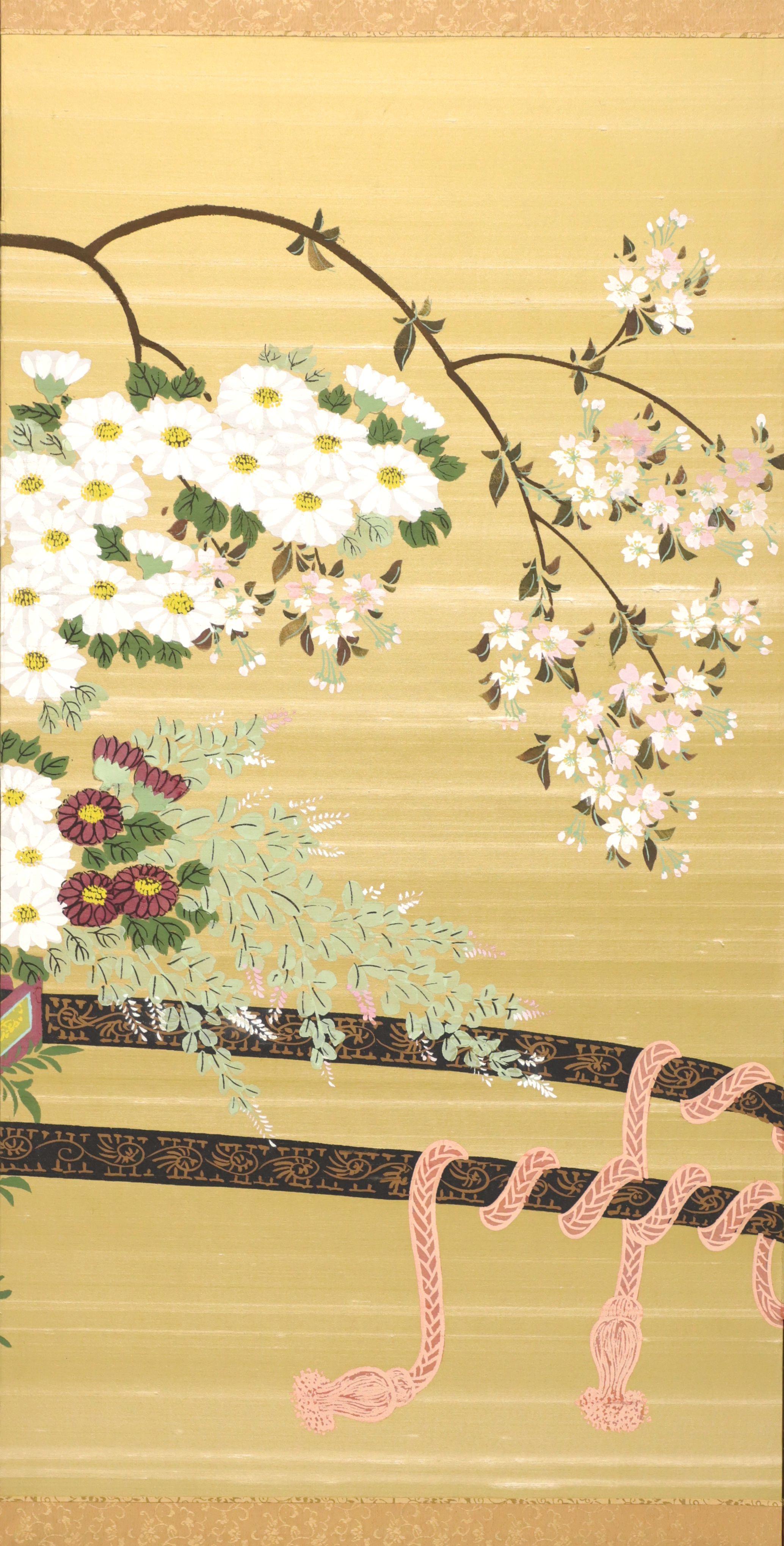Metal Mid 20th Century Japanese Four-Panel Folding Screen - Flower Cart
