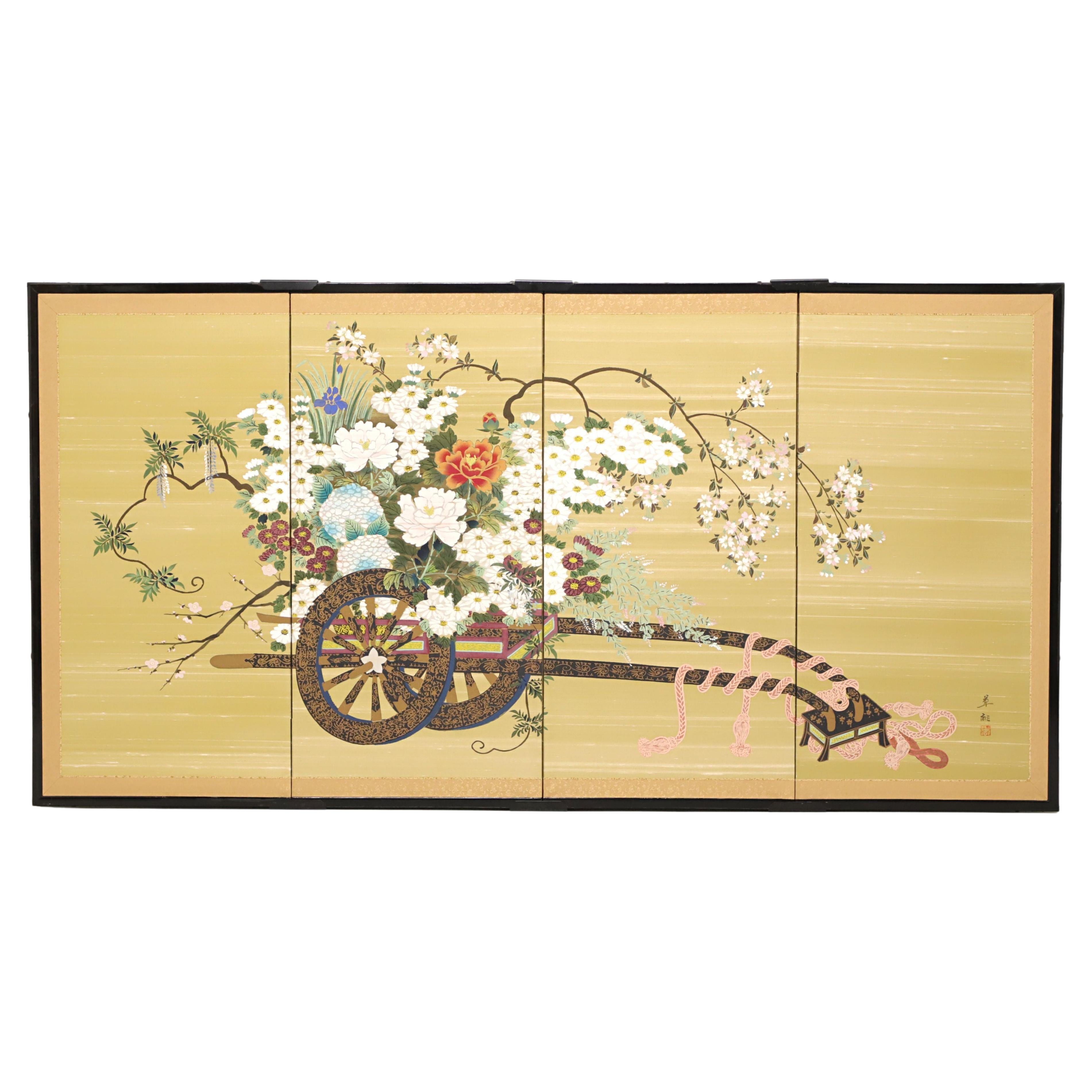 Mid 20th Century Japanese Four-Panel Folding Screen - Flower Cart