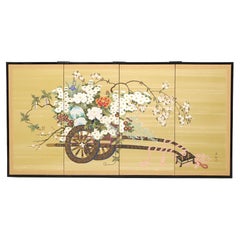 Écran pliant japonais à quatre panneaux du milieu du 20e siècle - Chariot à fleurs