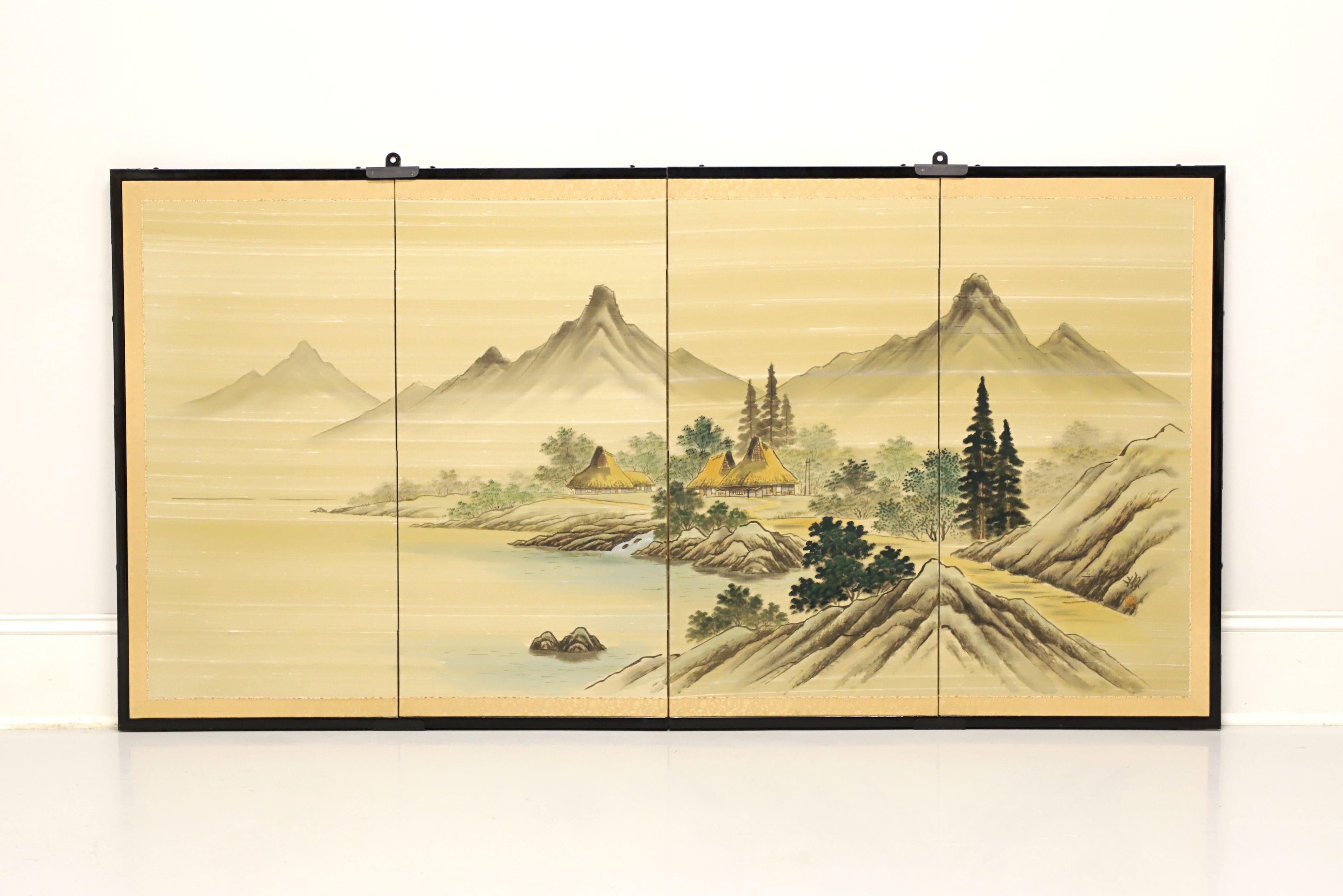 Mid 20th Century Japanese Four-Panel Folding Screen - Mountain Village on Lake For Sale 11