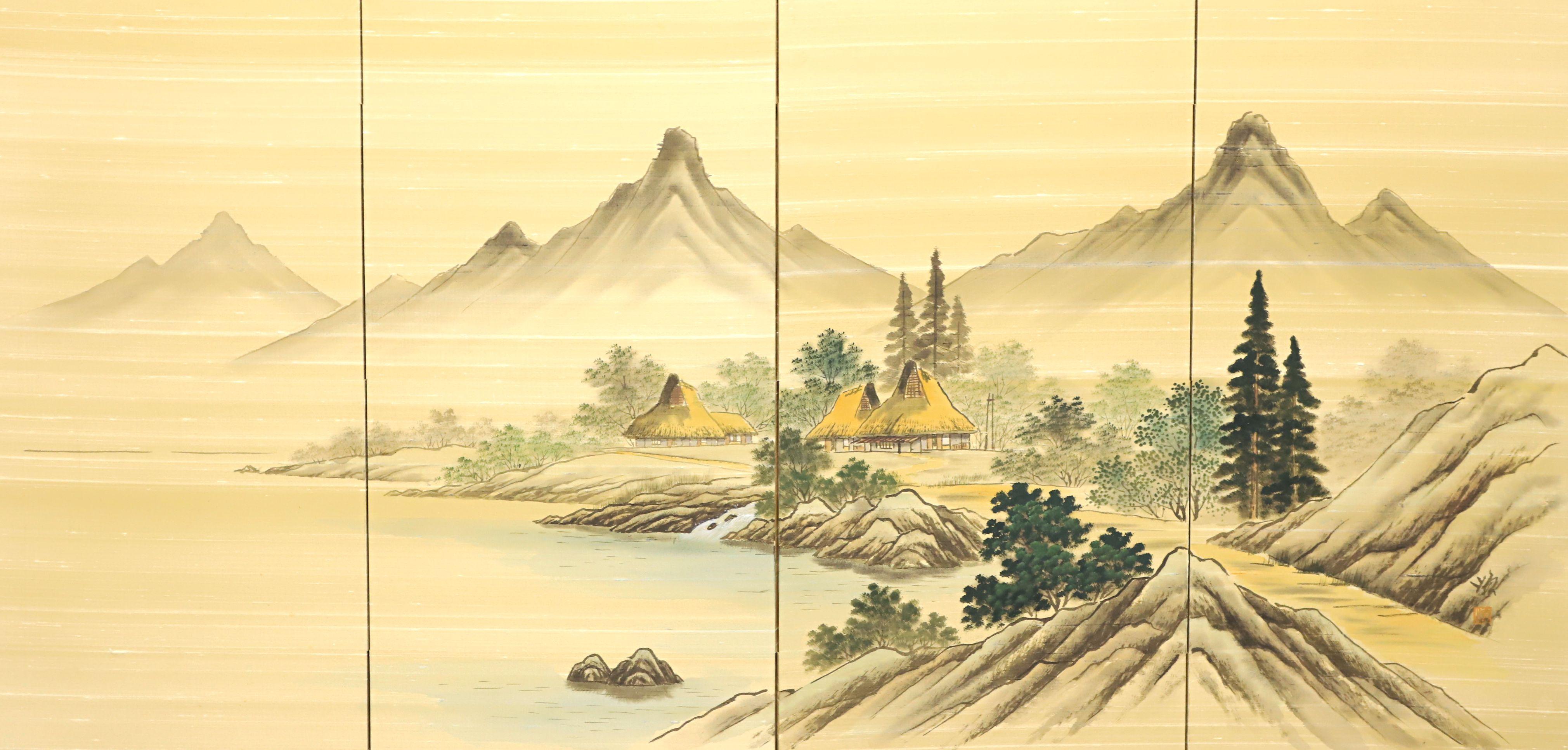 An Asian Japanese four-panel folding screen. Untitled, (Mountain Village on Lake). Unsigned, artist unknown. Hand painted on fabric, possibly silk, then applied to four connected framed fabric panels that creates one scene. Fabric panels are framed